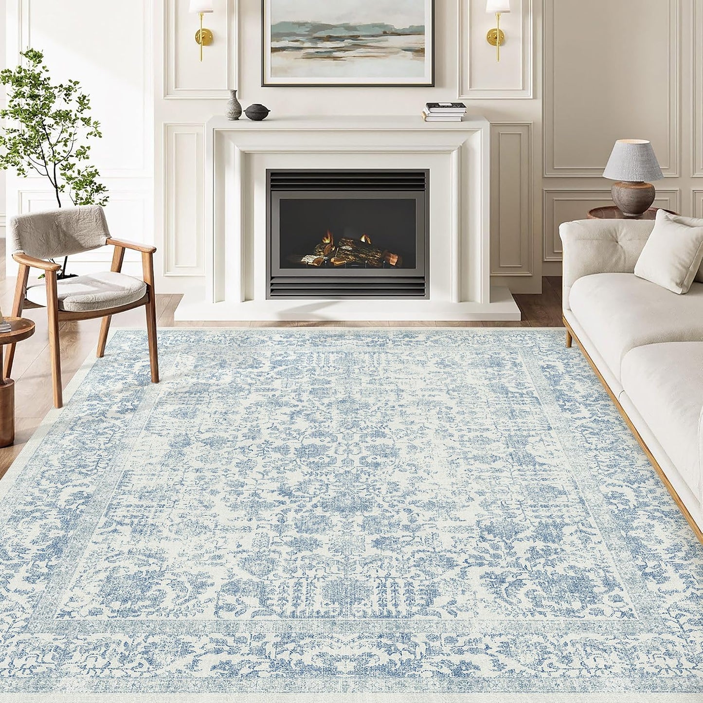 PureCozy Blue Area Rug 5x7 Machine Washable Vintage Living Room Distressed Non Slip Carpet Traditional Indoor Bedroom Retro Floral Accent Throw Large Rug Office Kitchen Bathroom Dining Room
