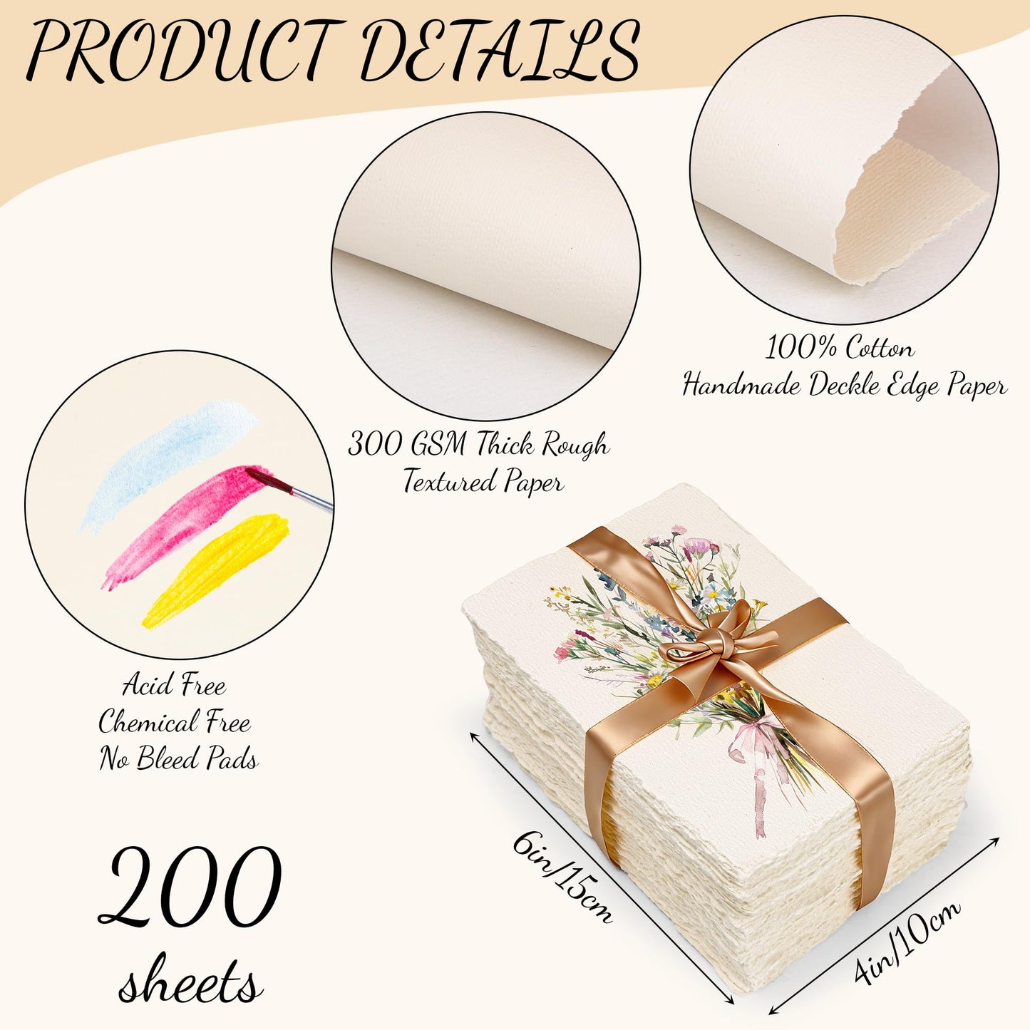 Oleitodh 200 Sheets Cotton Watercolor Paper 4 x 6inch, 140lb/300 GSM Handmade Paper Deckled Edge Watercolor Cardstock Textured Paper for Watercolors, Wedding Invitations, Cards, Crafts