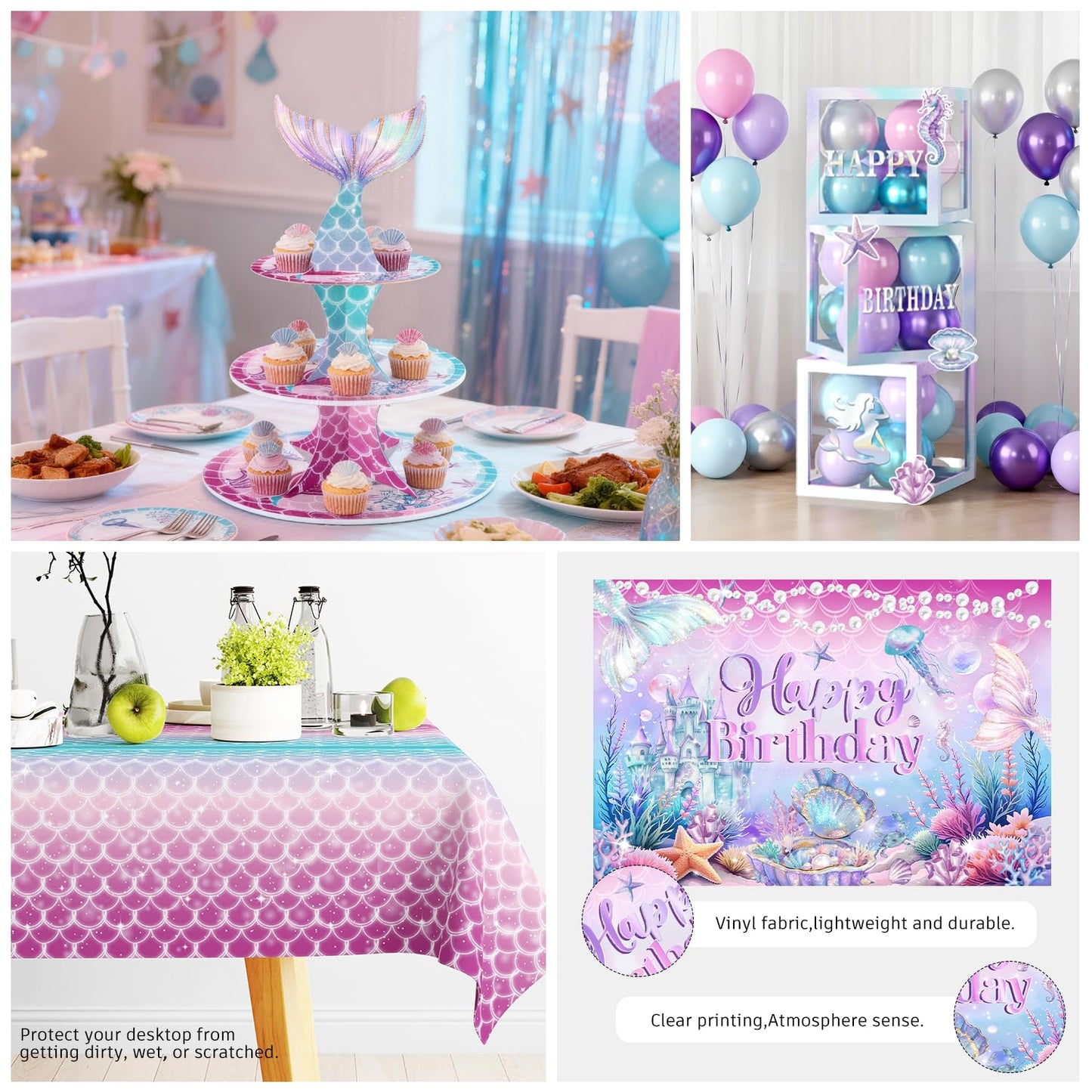 295Pcs Mermaid Birthday Decorations Serve 25, Mermaid Party Decorations Include Balloon Garland Arch, Plates, Tablecloth, Cake Topper, Cupcake Stand, Cupcake Toppers, for Under The Sea Party