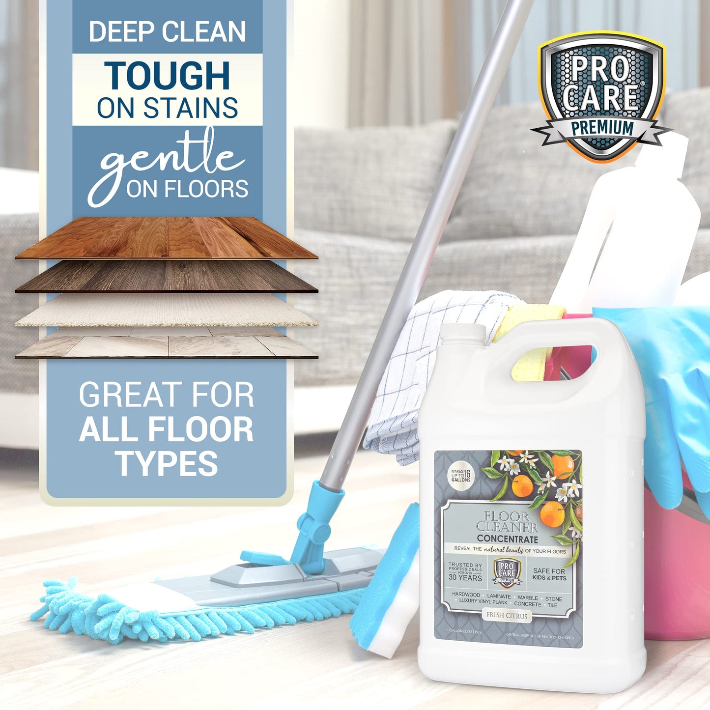 ProCare Citrus Floor Cleaner Concentrate (Made in USA) | Vinyl, Wood, Tile, Stone & Laminate Floor Cleaner For Mopping, Household Supplies, Cleaning Solution For Kitchen & Bathroom - 1 Gallon