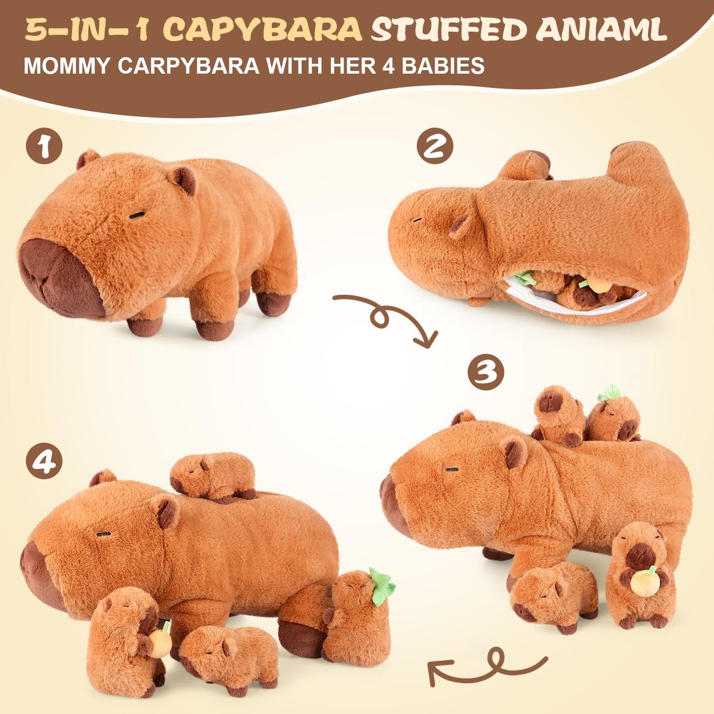 SuzziPals 5-in-1 Mommy Plush Toys with Baby Plushies, 5pcs Set Stuffed Animal Surprise Inside, Soft & Squishy Pillow Plushies Decor, Cuddly Gifts for Kids & Adults