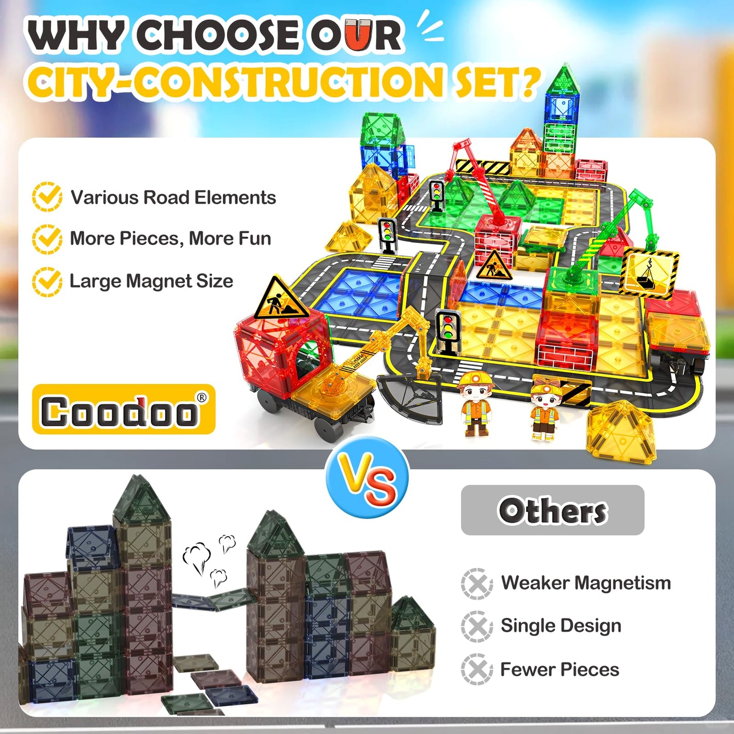 100 PCS Magnetic Tiles Road Set with 3 Cranes & 2 Cars - Magnetic Blocks City Construction Building Toys for 3+ Year Old Boys Girls Ideal Preschool Learning Outdoor Toys Creative Toddler Kids Toys