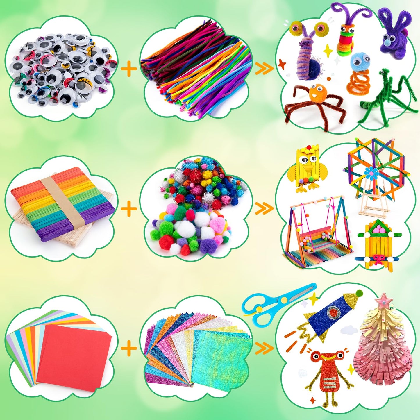 Sundaymot Kids Arts and Crafts Set with Pipe Cleaners, Pom Poms, Googly Eyes, Feathers, Craft Sticks, Glitter Paper, and Stickers