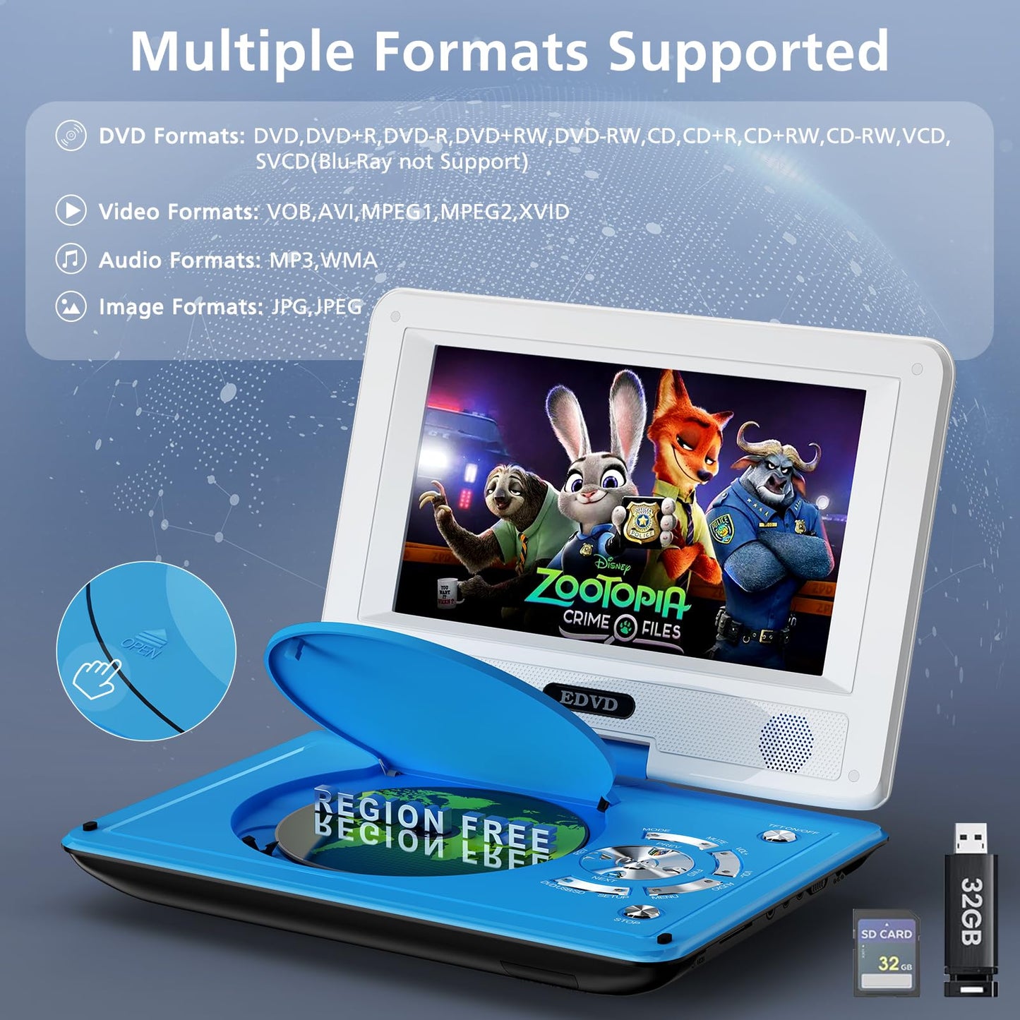 11.5" Portable DVD Player for Kids and Car, 9.5" Swivel HD Screen with 4-6 Hours Built-in Battery, Support Sync Screen to TV, Support SD Card/USB/Multiple Disc Formats (Blue)