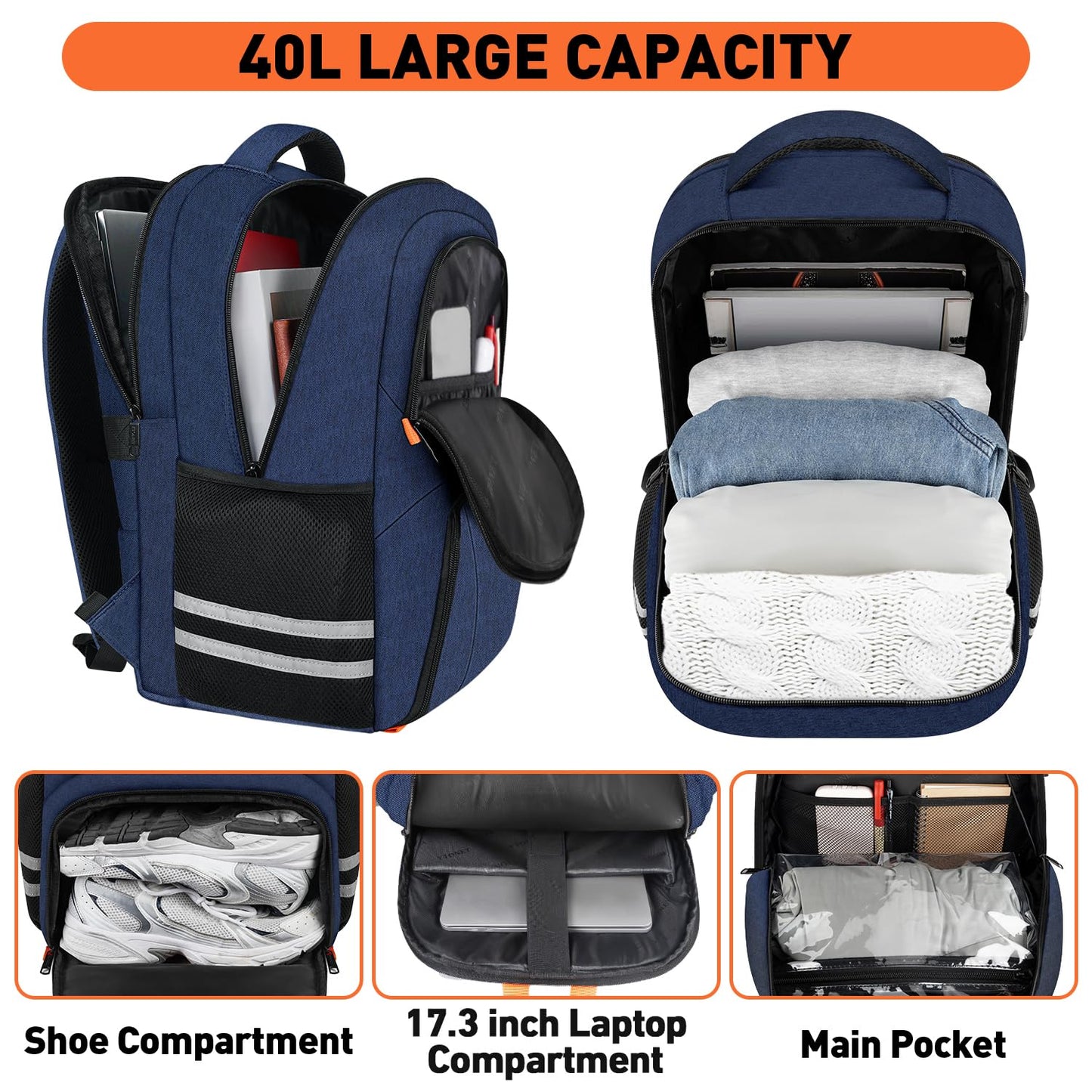 Ytonet Gym Backpack for Men Women, Travel Backpack with USB Charging Port, Lightweight Water Resistant Workout Gym Bag Fit 17.3 Inch Laptop, Sports, Camping, Hiking, Dark Blue