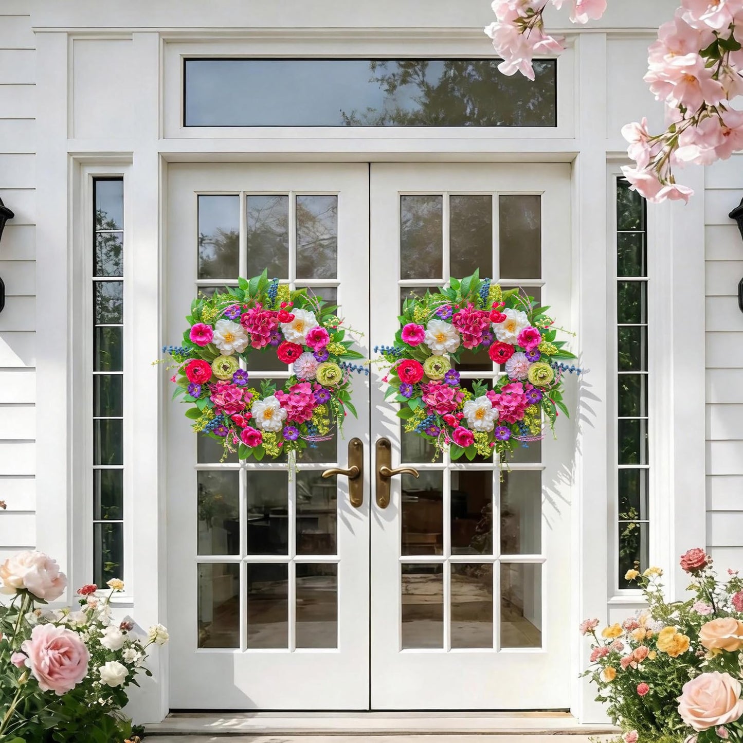 Pinkpuii Spring Wreaths for Front Door 24 Inch Lush Spring Door Wreath with Pink Peonies, Roses, White Blooms & Greenery, Garden Style Summer Flower Wreath for Front Porch, Entryway & Wall Window