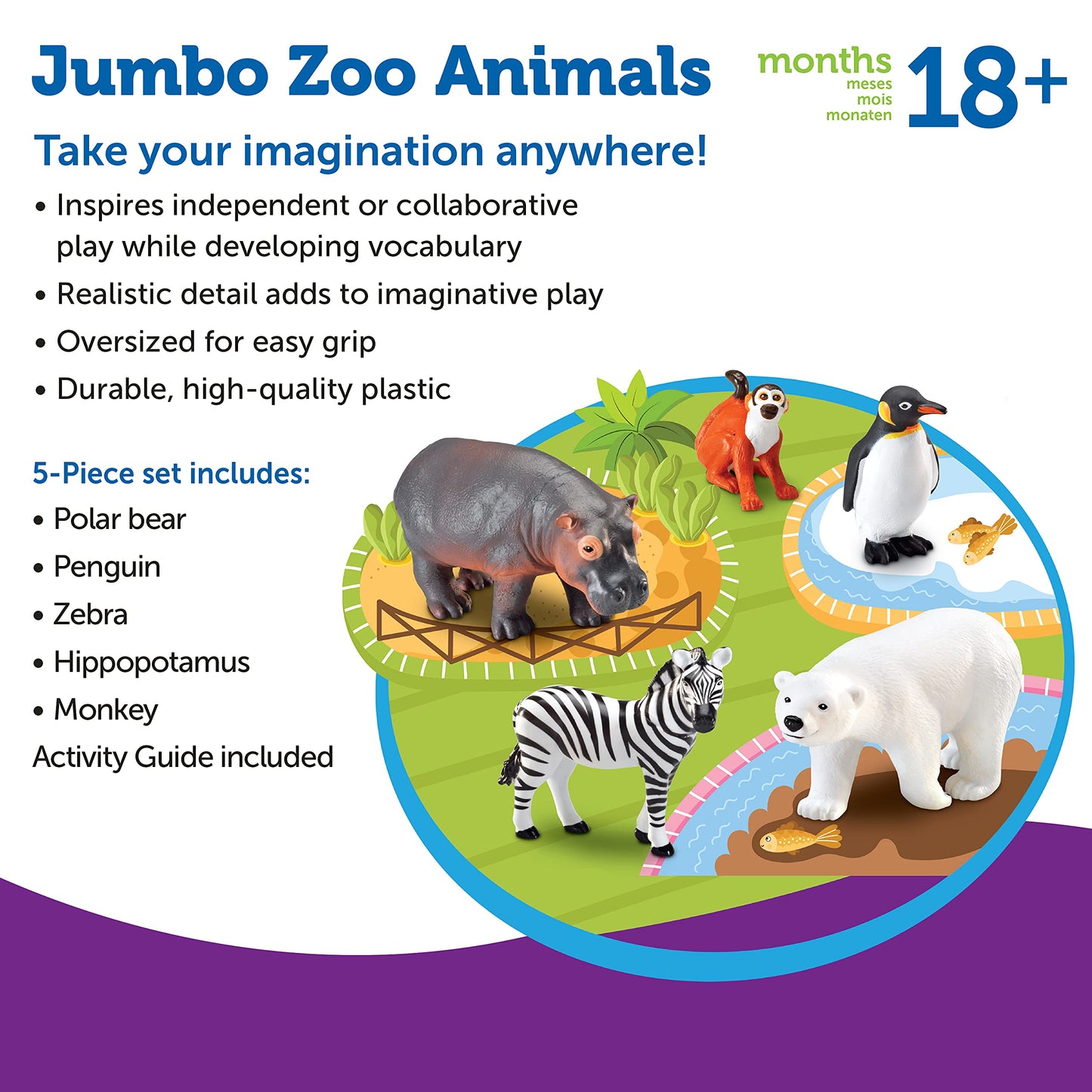 Learning Resources Jumbo Zoo Animals I Monkey, Penguin, Zebra, Polar Bear, and Hippo, 5 Animals, Ages 2+