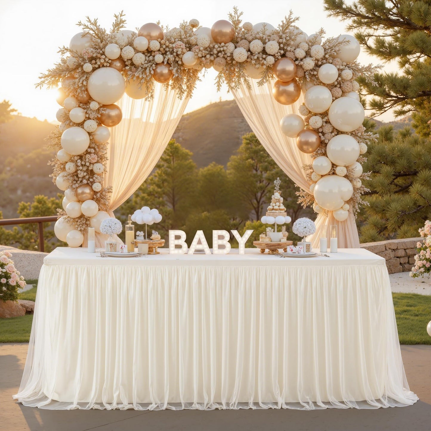 4 Pack 6ft Ivory Tulle Tablecloths for Rectangle Tables 6 Foot Ivory Rectangular Table Cloth Wrinkle Free Table Cover with Tutu Skirt for Wedding Baby Shower Birthday Party Banquet Buffet Cake
