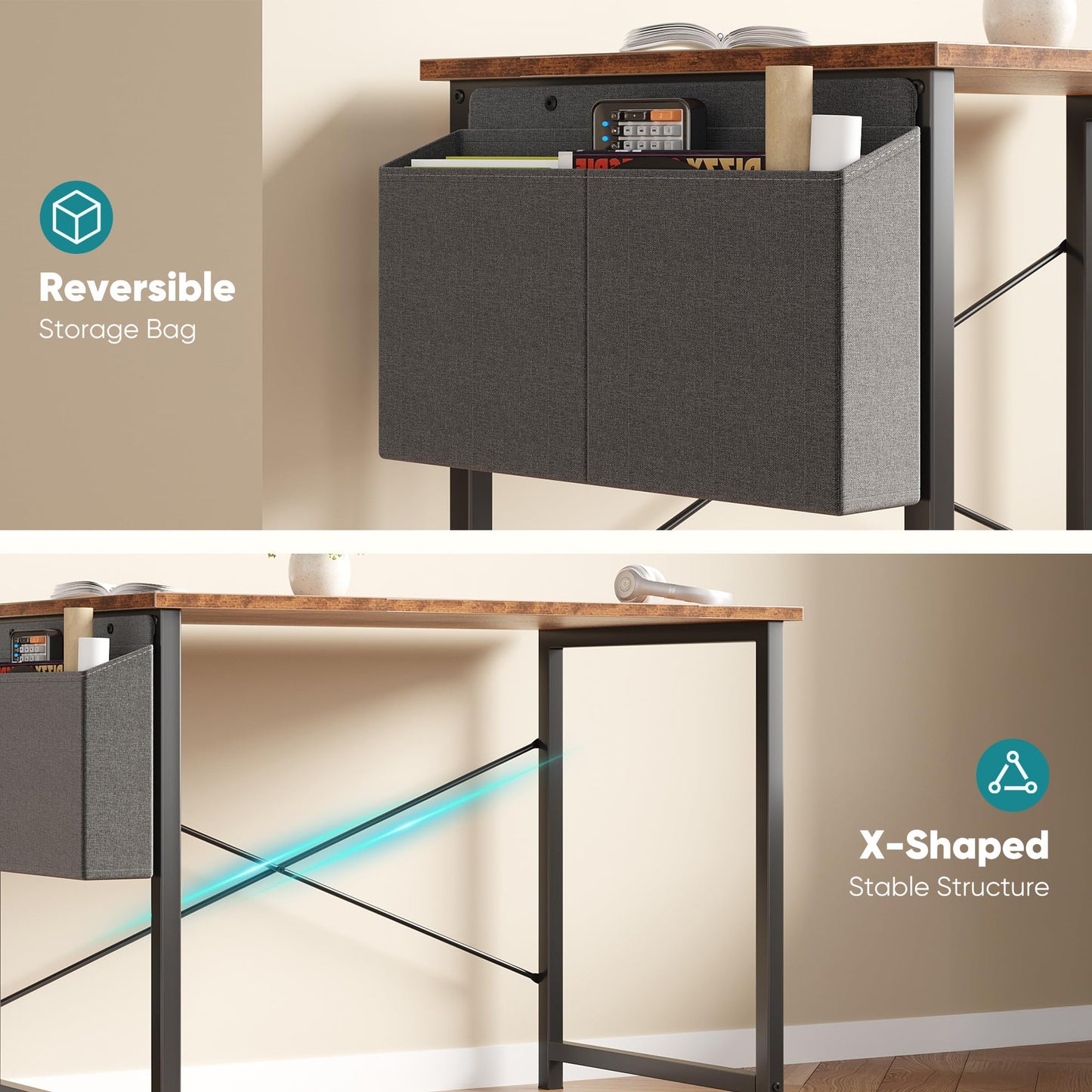 OLIXIS Computer Desk 31 Inch Home Office Desks for Small Spaces, Gaming Writing Study Work Table with Storage Bag for Bedroom, Rustic Brown Space Saving Compact