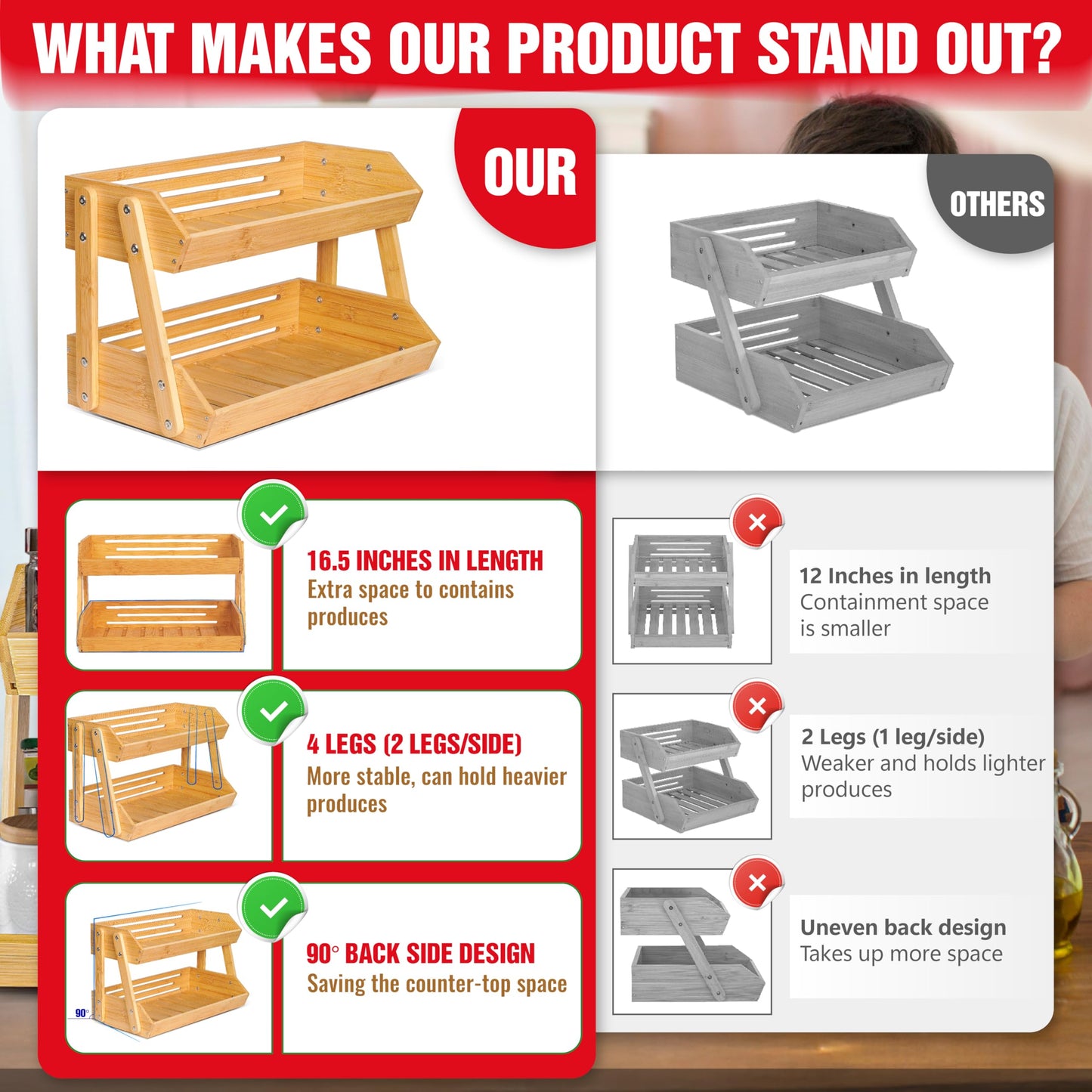 [Upgraded Length] 16.5-Inch Fruit Stand Storage Holder with 4 Sturdier Legs, 2-Tier Fruit Basket , Bamboo Fruit Bowl Holder for Fruit,Vegetables,Bread, Snacks, Home Kitchen Countertop Organizer