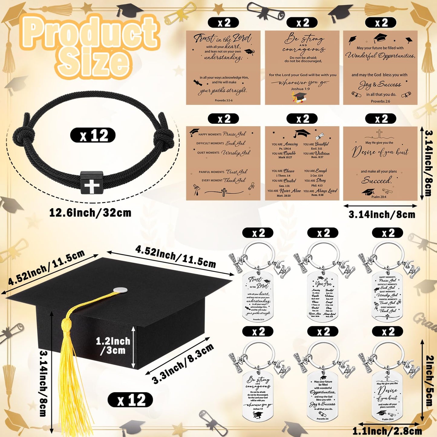 Yinkin 12 Set/48 Pcs 2026 Graduation Gifts Bulk Christian Graduation Bracelet Bible Verse Keychains Grad Gift Boxes with Tassel for Students High School Party Favors