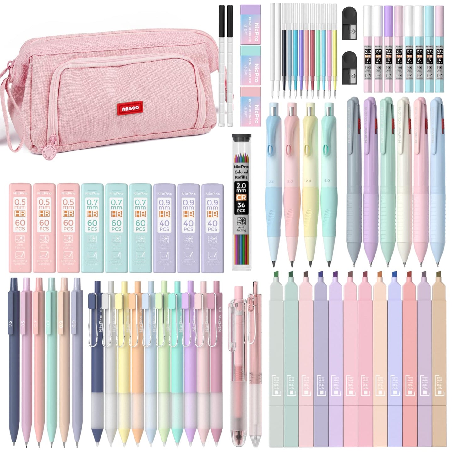 Nicpro 78 PCS Aesthetic School Supplies with Cute Pen Case, 12 Pastel Highlighters, 12 Color & Black Ink Gel Pens, 10 Mechanical Pencils 0.5, 0.7, 0.9, 2.0 mm, 6 Multicolor Pen for Student Stationary