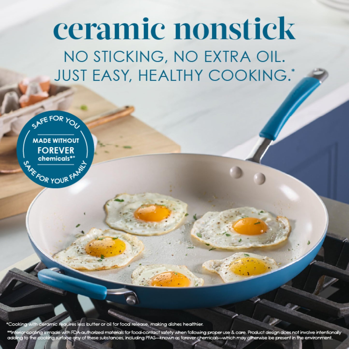 Rachael Ray Cucina Ceramic Nonstick Frying Pan/Skillet, Dishwasher Safe, 14 Inch Open Fry Pan - Marine Blue