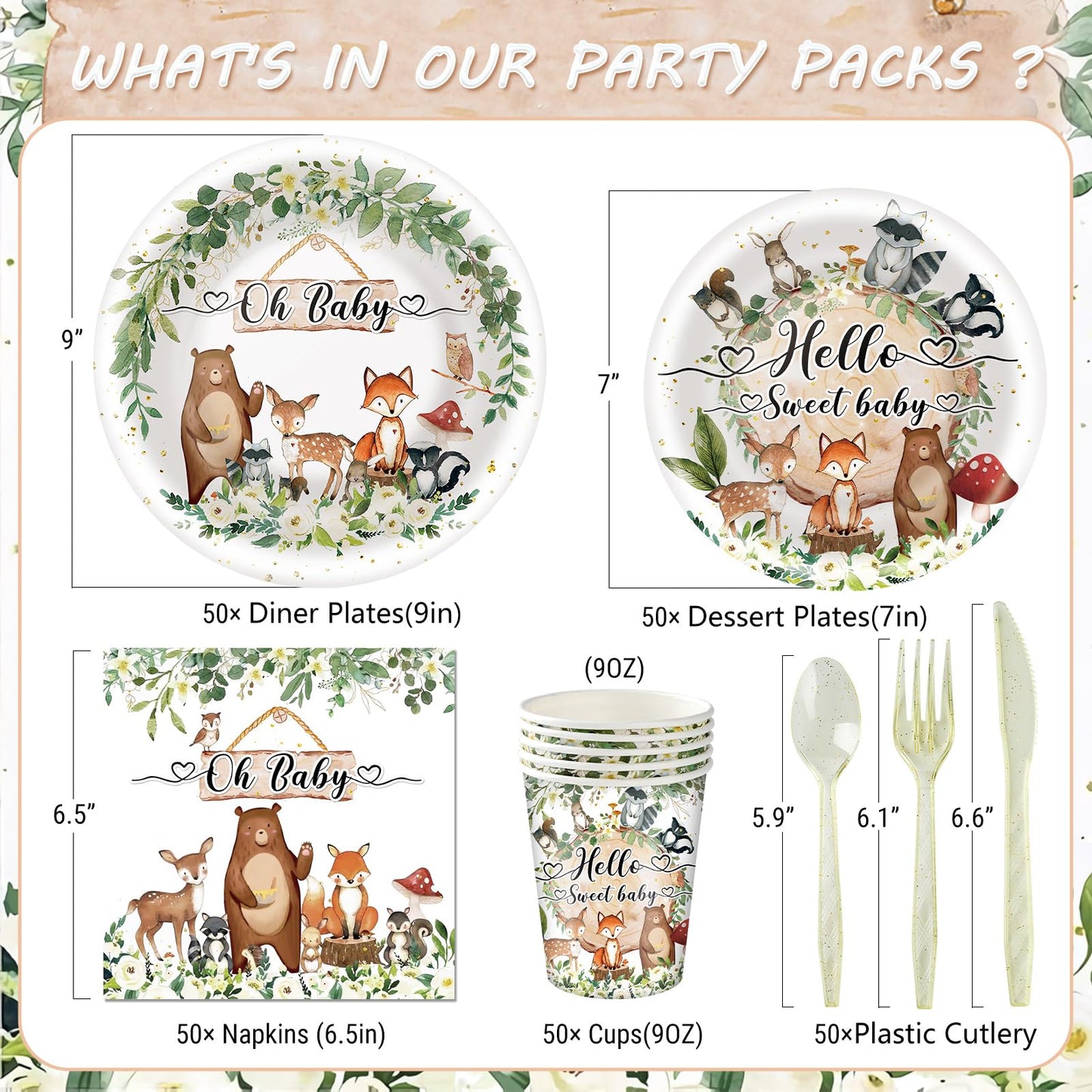 350 Pieces Woodland Baby Shower Decorations Set Serves 50 Guests, Forest Theme Party Supplies Tableware with Plates, Cups, Napkins, Disposable Tableware