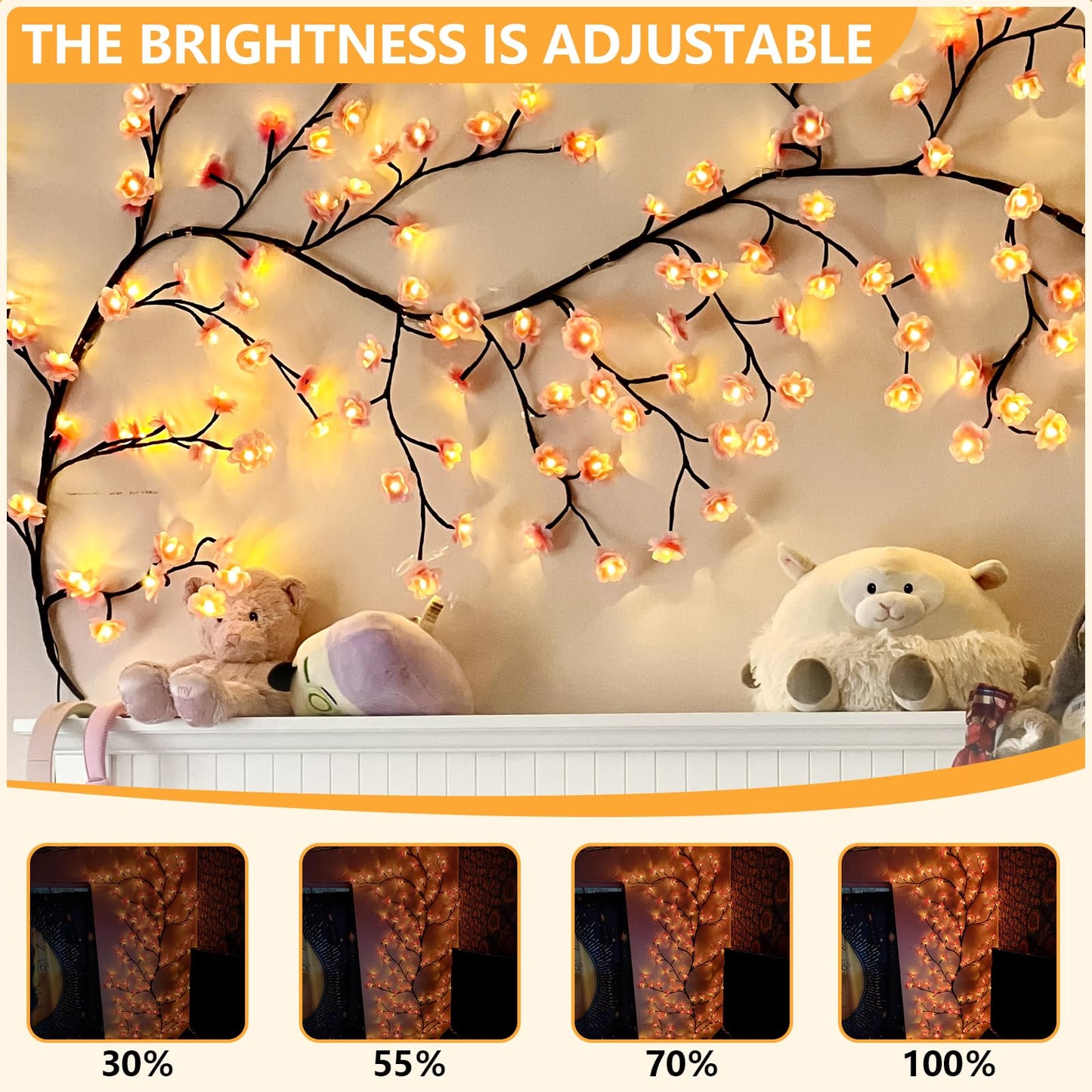 FNHMSL Cherry Enchanted Willow Vine Lights, Cherry Blossom LED Tree Branch Lights for Wall, Remote Timer, 8 Light Model, for Bedroom Wall Doors Windows Wedding (7.55FT 144LED)