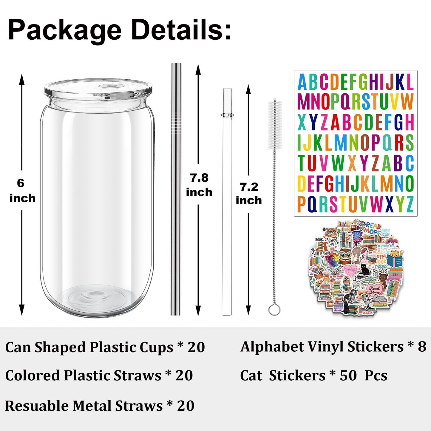 16 oz Clear Plastic Cups Reusable with Lids and Straws & DIY Sticker, 20Pack Acrylic Mason Jars Iced Coffee Drinking Glasses Cup for Park Picnic, Poolside, Party Giveaways