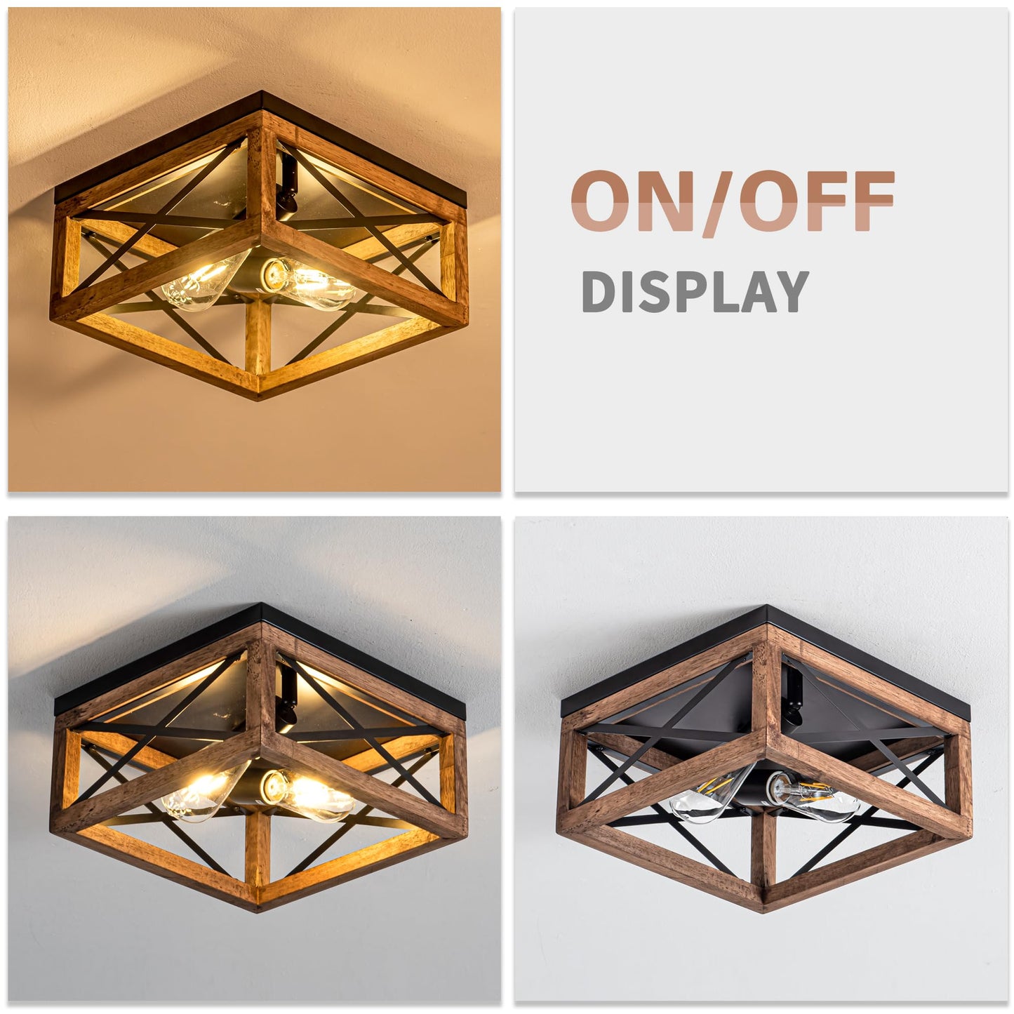 Rpzloila Flush Mount Ceiling Light Fixture for Kitchen Hallway, 2-Light Close to Ceiling Light with Black Metal and Wood Design, Rustic Farmhouse Ceiling (Bulb not Included)