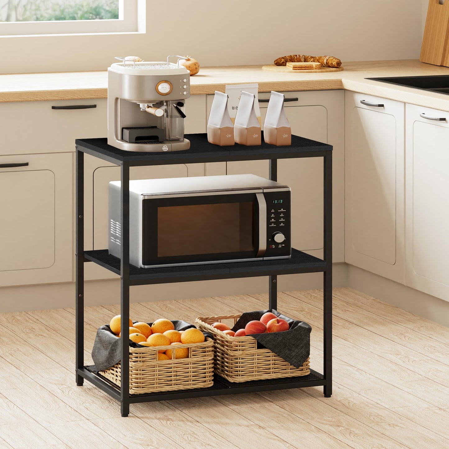 Homleke Kitchen Island with 3 Shelves, Kitchen Shelf with Large Workstation, Bakers Rack, Workbench, Metal Frame, Black