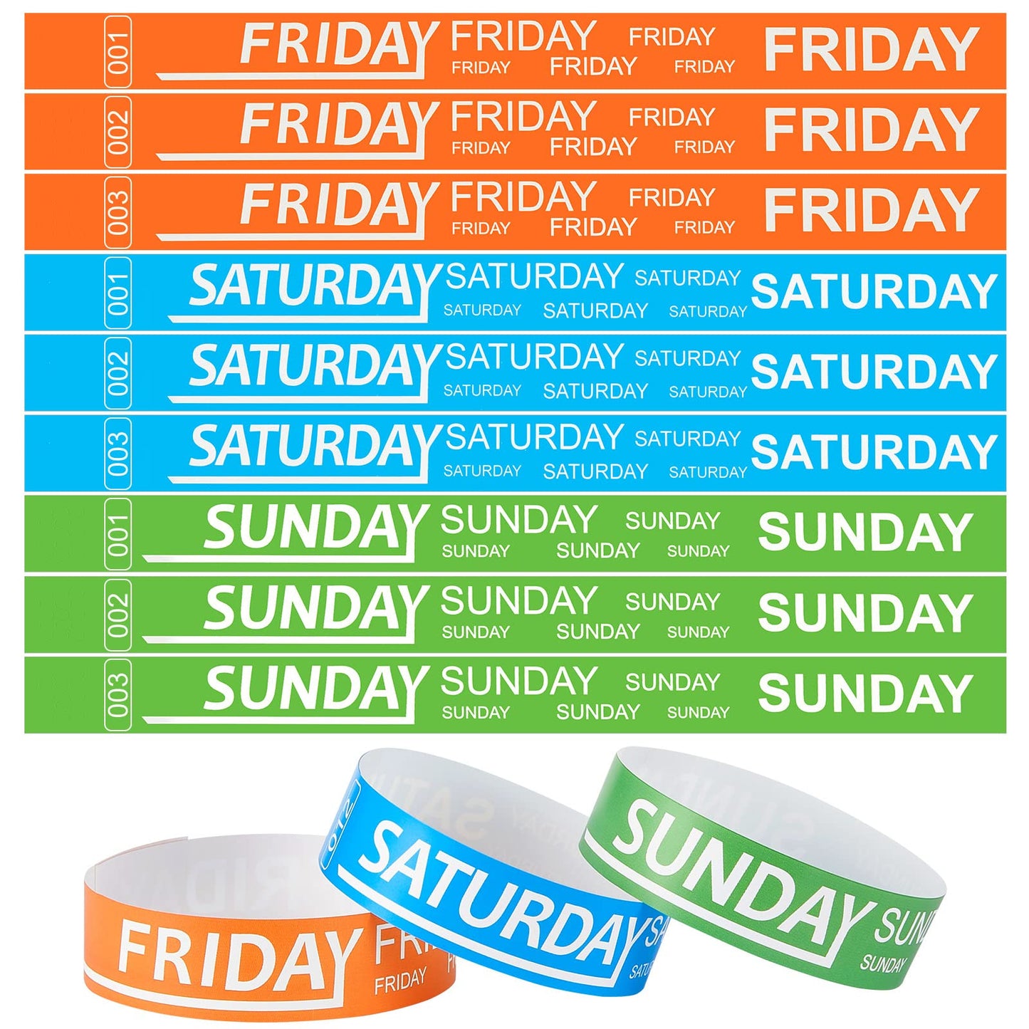 Henoyso 1800 Pcs Paper Wristbands Event Wristbands Numbered Waterproof Wrist Bands for Events Day of the Week Paper Bracelets for Adult, Friday, Saturday, Sunday(Orange, Blue, Green)