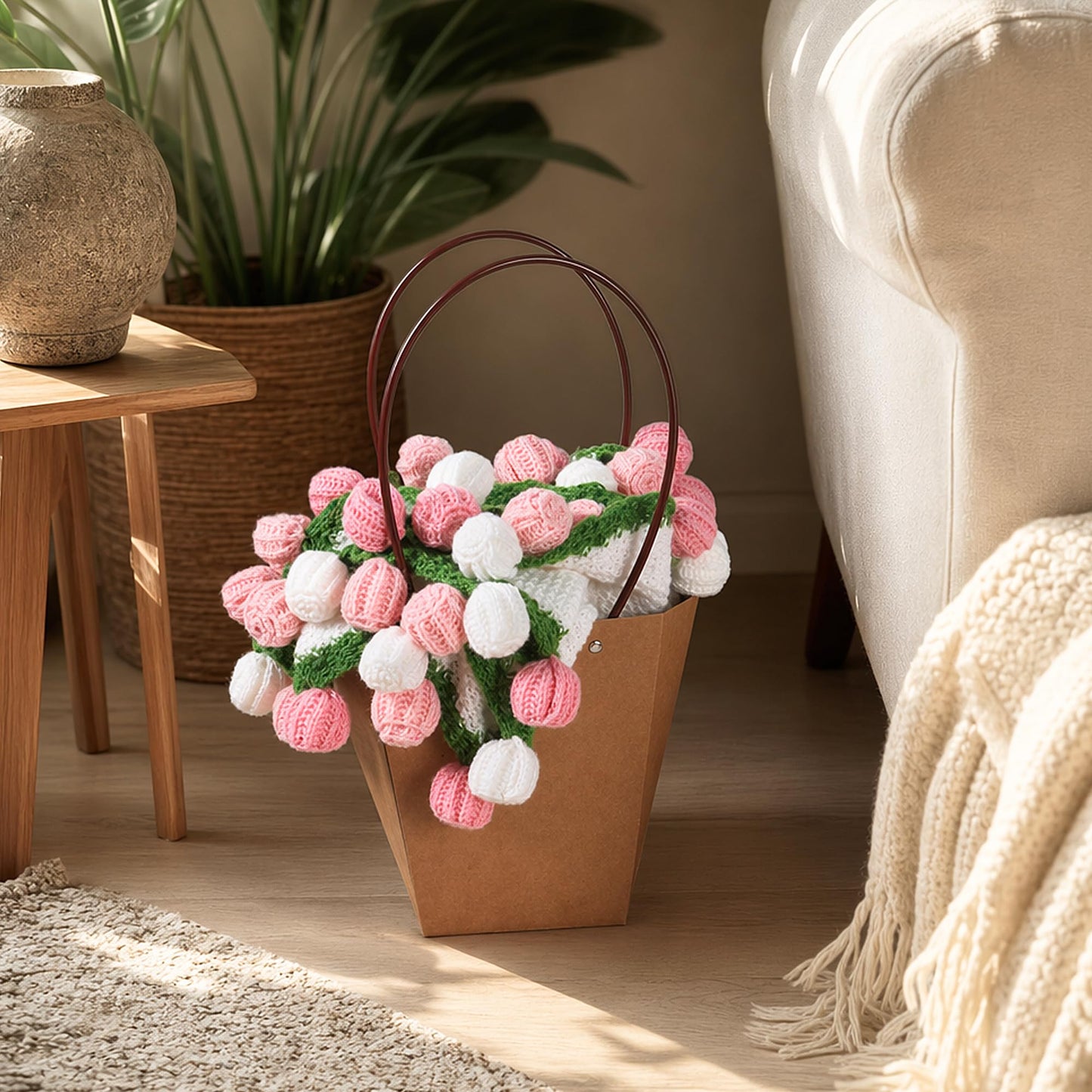 Crochet Flower Bouquet Throw Blanket, 43inch Handmade Knitted Blanket with Rose Flowers, Cute Romantic Gift for Her Girlfriend Mom Mother’s Day Valentine Wedding Anniversary Birthday, Pink and White