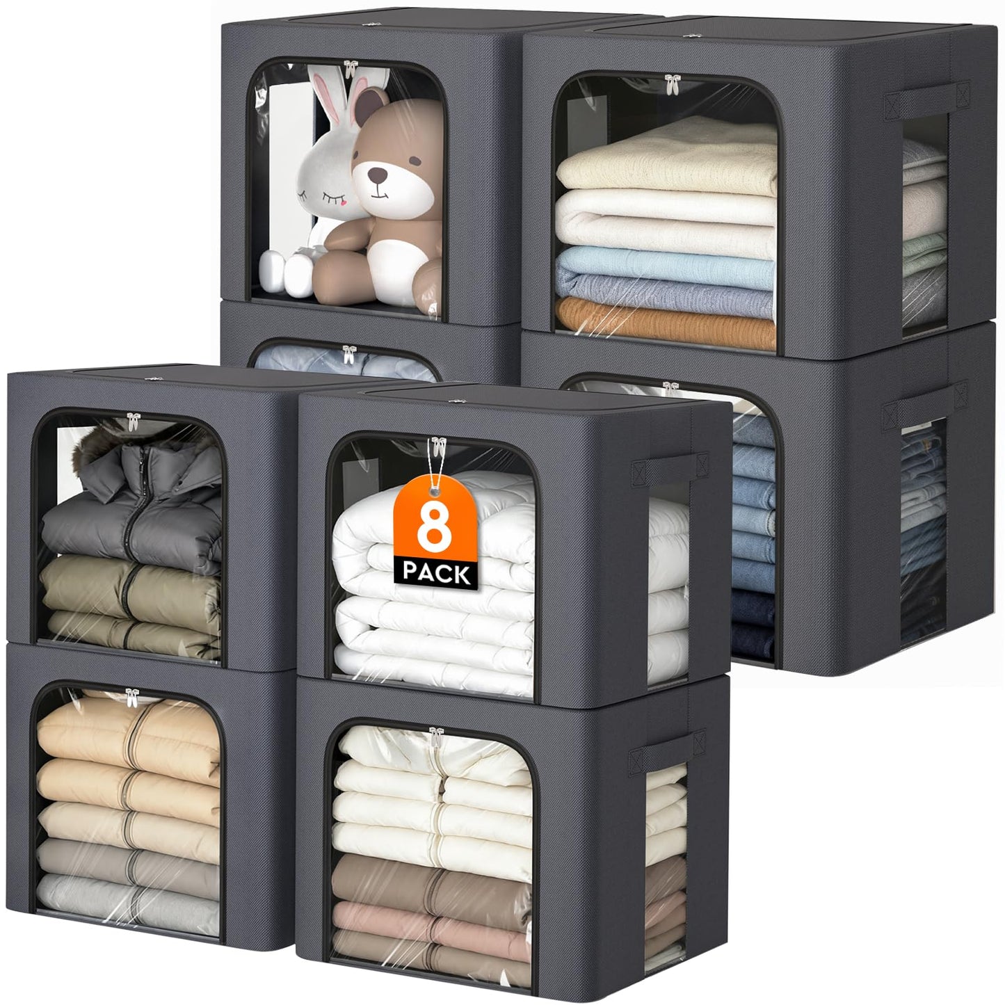EpicTotes 8 Pack Clothes Storage Bins with Metal Frame,40L Storage Bags Fabric Box Organizer with Clear Window,Zippers,Sturdy Handles(8 Pcs,Light Grey,40L)