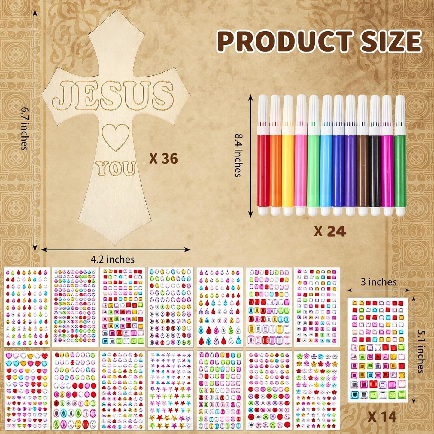 36 Sets DIY Wood Cross Crafts Unfinished Wood Cross Sunday School Vacation Bible School Supplies Include 36 Wood Cross with Stickers Color Pen for Church Activity Easter DIY (Exquisite Style)