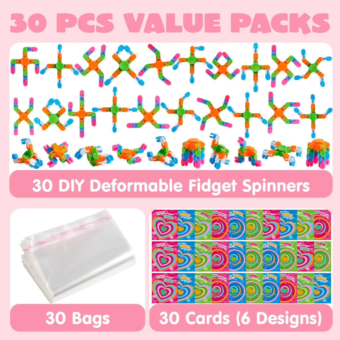 JOYIN 30 Packs Valentine's Day 6-Design Gift Cards with Fidgets Spinners, Deformable DIY Spinners Fingertip, Stress Relief Fidget Toys for Kids and Valentine's Party Favors, Classroom Gift Exchange