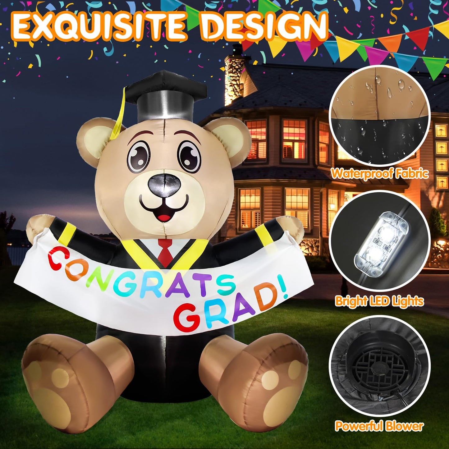 Boveco 6FT Graduation Inflatable Decoration Bear Blow Up Yard Decorations Bear with LED Lights Indoor & Outdoor Vacation Yard Garden Lawn Décor Commencement Season Graduation Ceremony