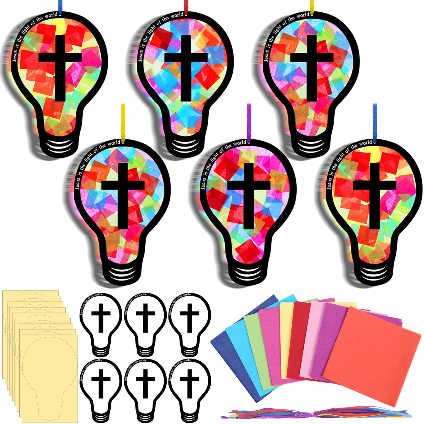 Eaasty Rainbow Light Bulb 48 Sets 2026 Vbs DIY Jesus Light Craft Kit, Illumination Themed Christian Suncatcher Cross Stained Glass Art for Easter Sunday School Back to School Activities