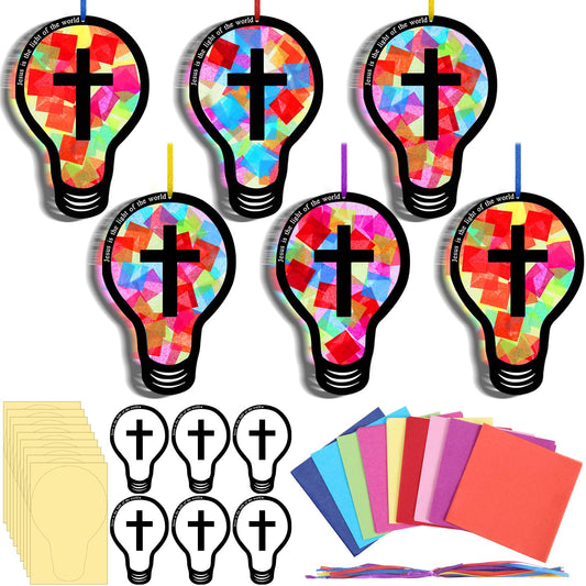 Eaasty Rainbow Light Bulb 48 Sets 2026 Vbs DIY Jesus Light Craft Kit, Illumination Themed Christian Suncatcher Cross Stained Glass Art for Easter Sunday School Back to School Activities