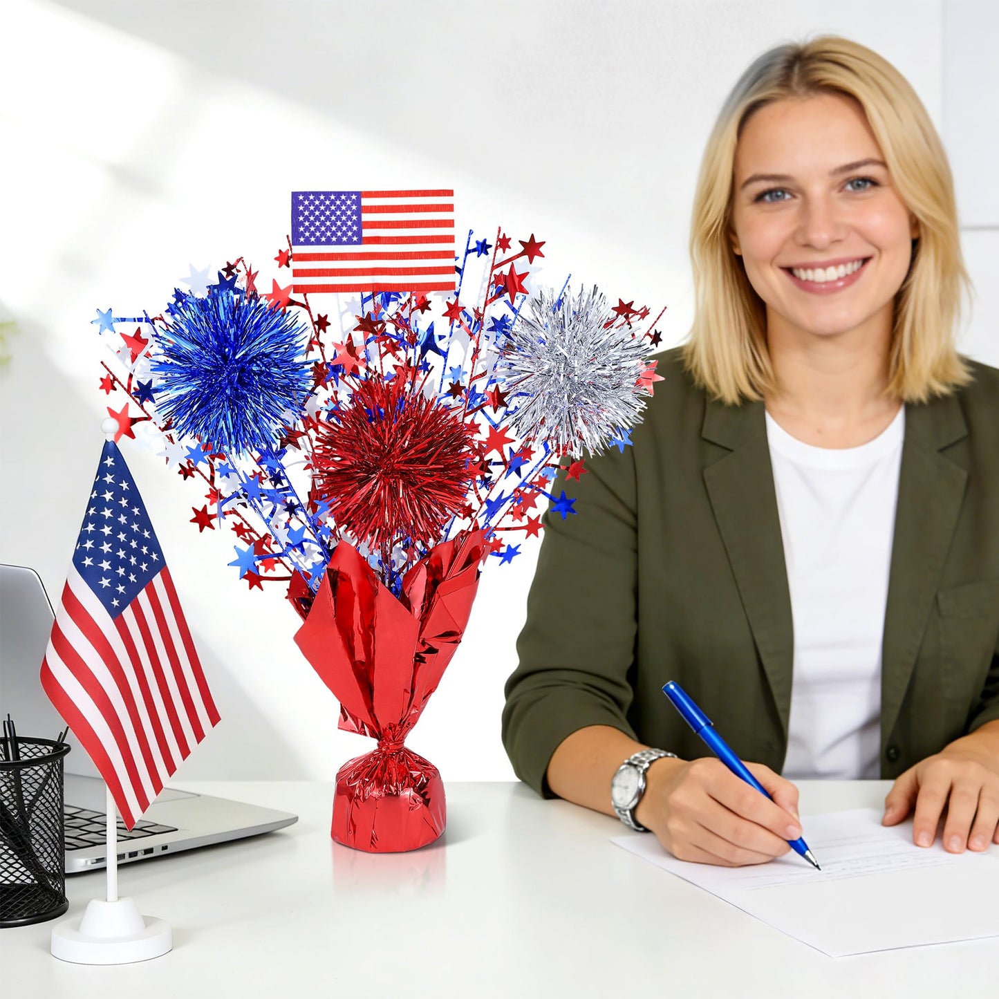 6 Pcs 4th of July Table Decorations, Red White Blue Patriotic Memorial Day Decorations Metallic Foil Spray Star Centerpieces for Table Home Office Independence Day Celebration American Party Supplies