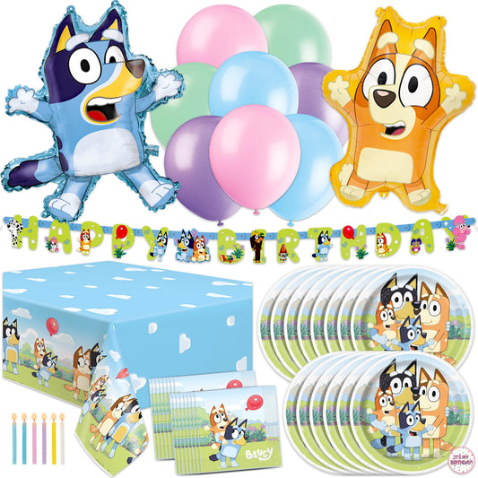 Bluey Birthday Decorations Girl Party Supplies for 16 - Officially Licensed Banner, Tablecloth, Foil and Latex Balloons, Plates and Napkins, Candles, Sticker