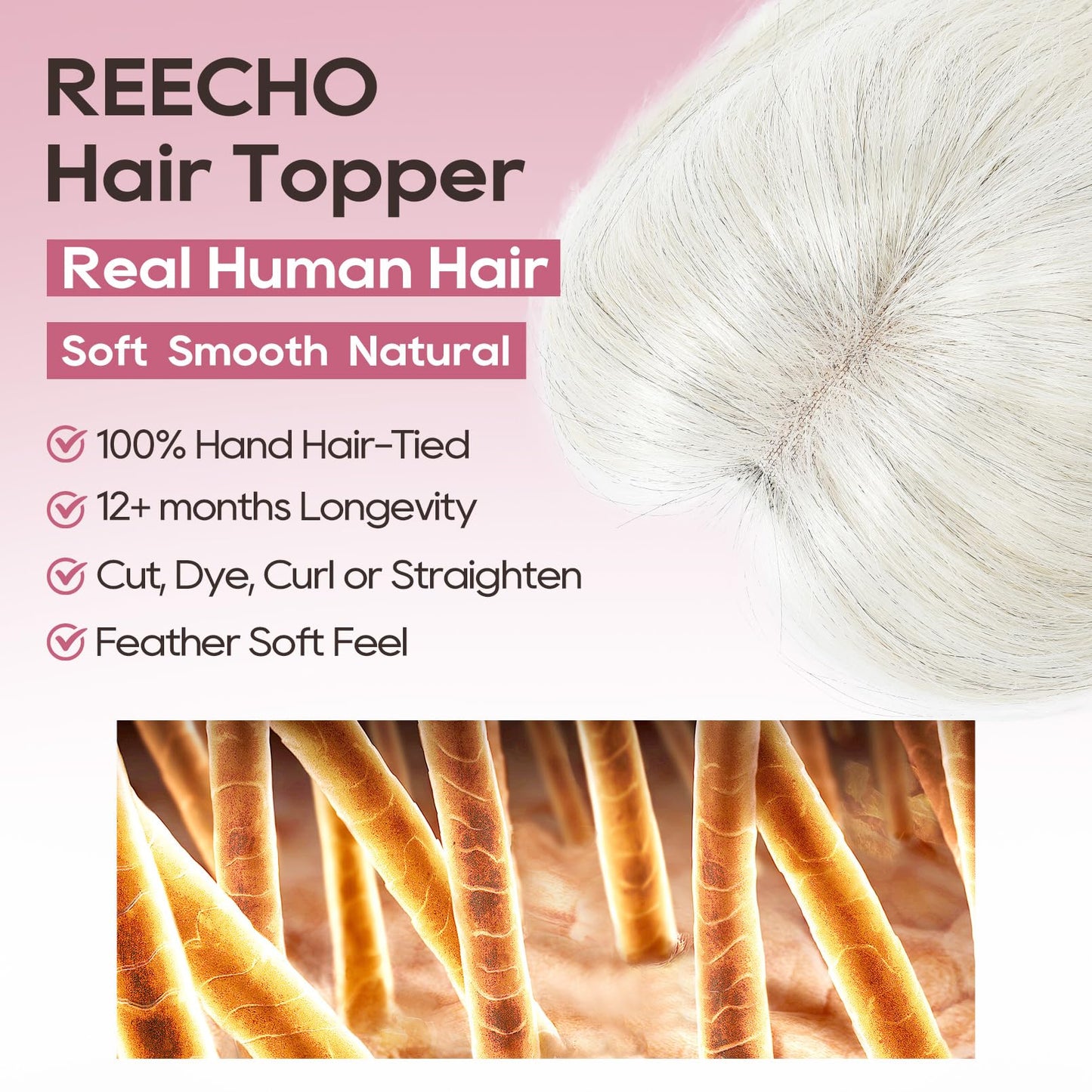 REECHO Real Human Hair Topper, 10 inch Women Hair Toppers for Thinning Hair, 100 Percent Human Hair Large Coverage Natural Hairpiece Wiglet, Swiss Base 4.5"x3.5", Silver White