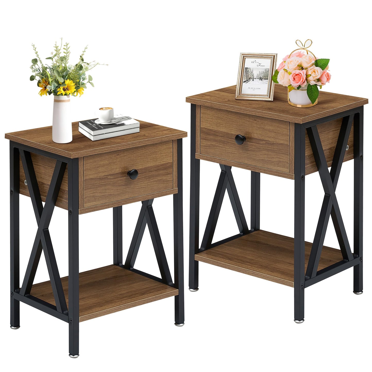 VECELO Nightstands Set of 2, Modern Bedside End Tables, Night Stands with Drawer and Storage Shelf for Living Room Bedroom, Industrial Metal Frame
