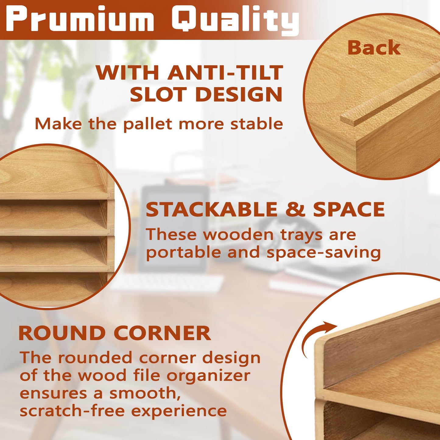PROLEE Wooden Paper Tray Organizer for Desk, Stackable Paper Holder and Letter Tray, 4-Tier Desktop File Storage Rack for Study,Home and Office (Oak, 14" x 9.5" x 2.5")