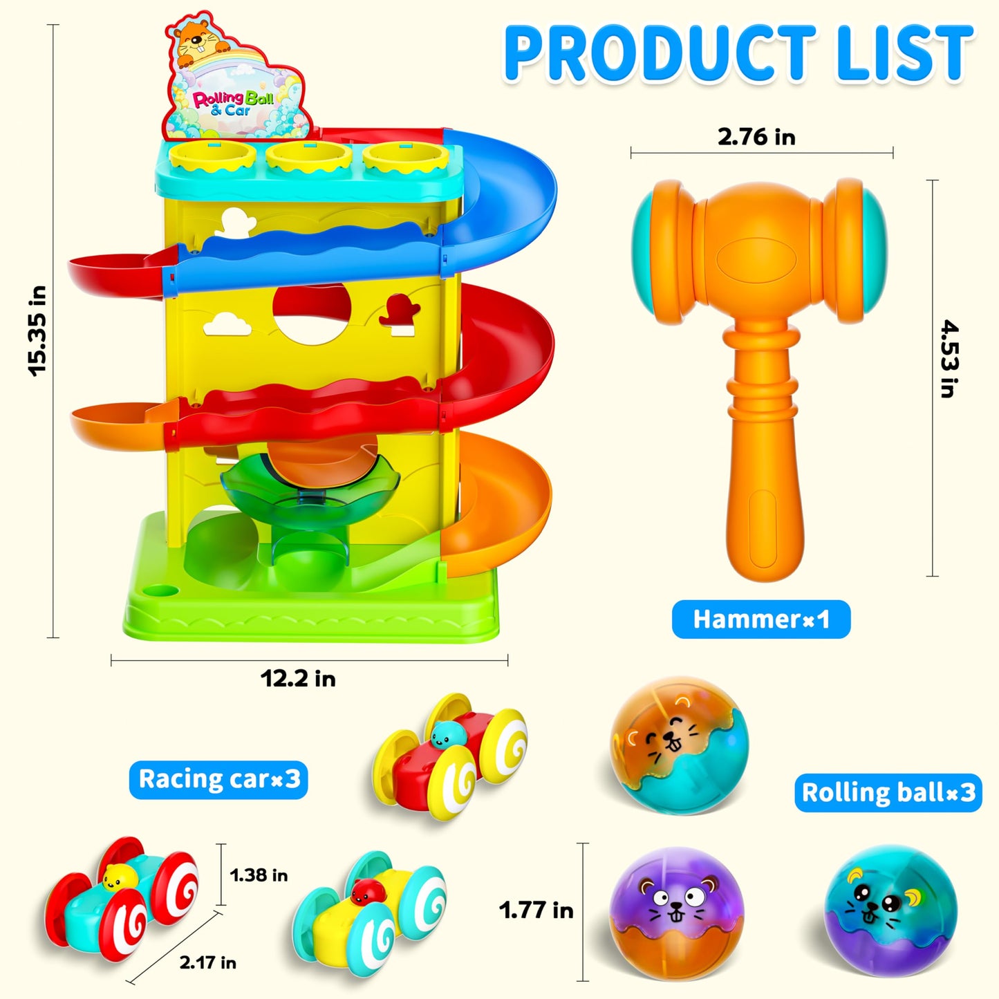 FUNWEE 2-in-1 Ball & Racing Car Ramp Toy for Toddlers, Race Track Hammer Drop Rolling Lights Ball, Learning Early Developmental Fun Game Birthday Gift Idea for Kids 2 3 4 5+Year Old Girl Boy(Yellow)