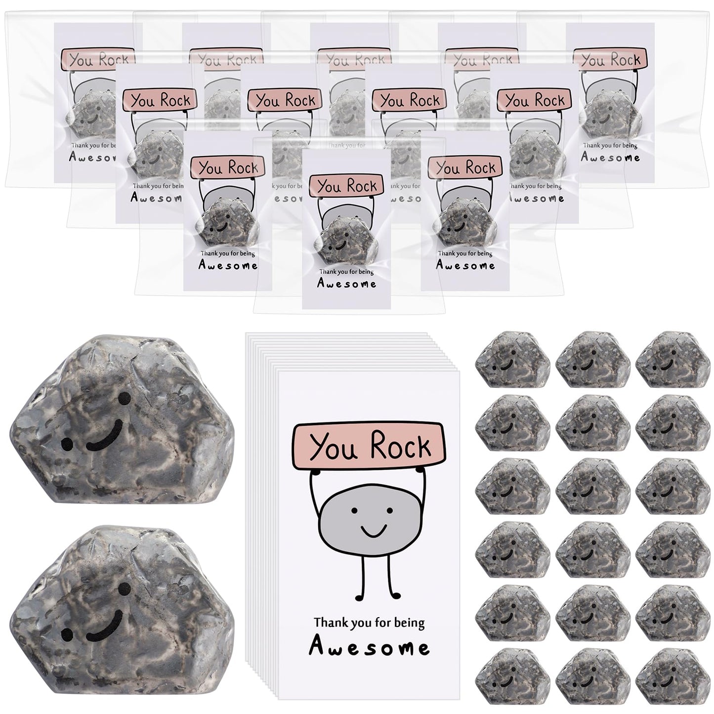 Huwena 100 Sets Inspirational You Rock Employee Appreciation Gifts End of Year Teacher Gifts Smile Resin Stone with Thank You for Being Awesome Rock Card Bulk for Team Staff Coworkers Party Favor