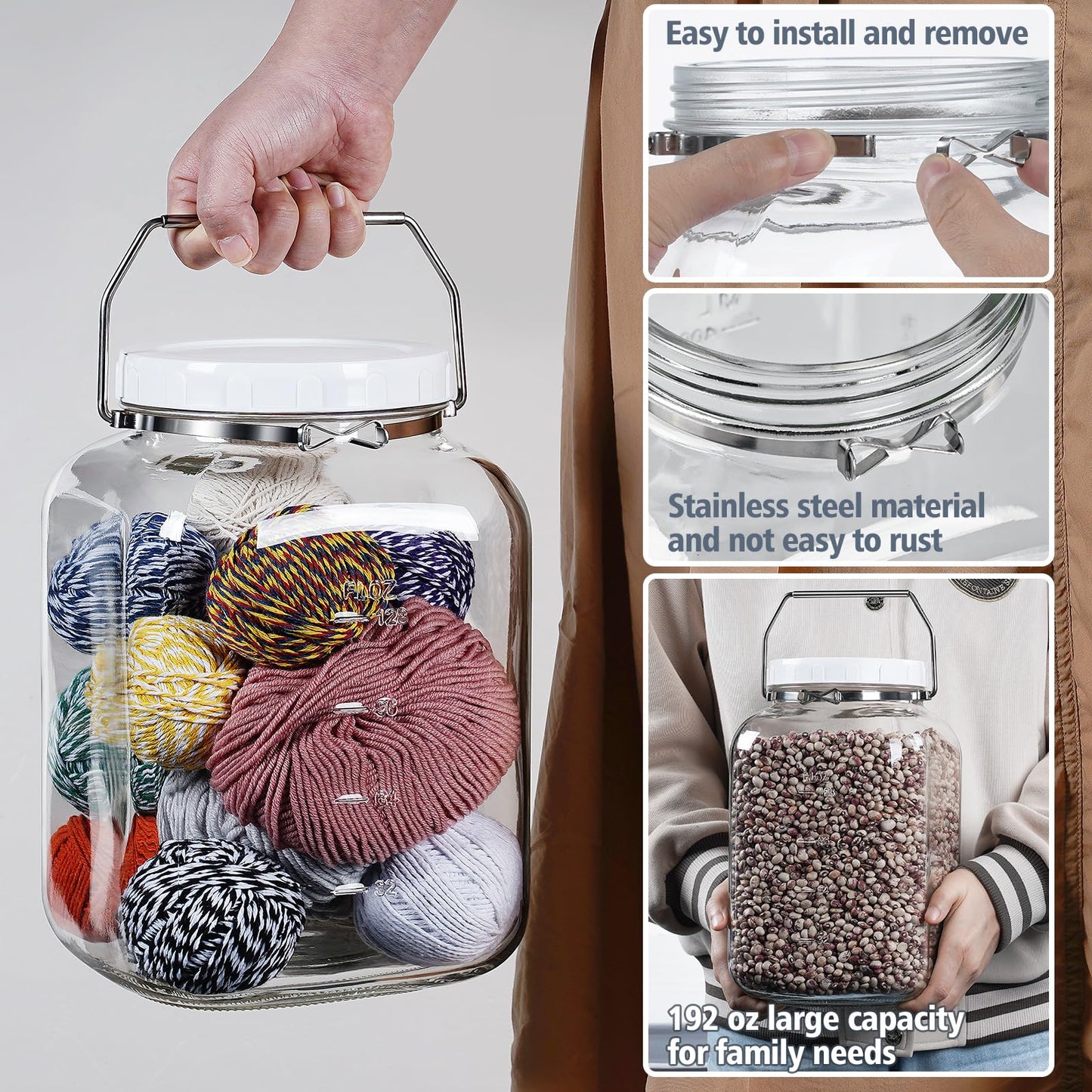 2 Pack 1.5 Gallon Glass Jar with Lid Wide Mouth, Large Mason Jar with Airtight Screw Lid and Handle, Clear Glass Storage Containers with 2 Scale Mark for Flour, Cookie, Candy, Kombucha and Fermention
