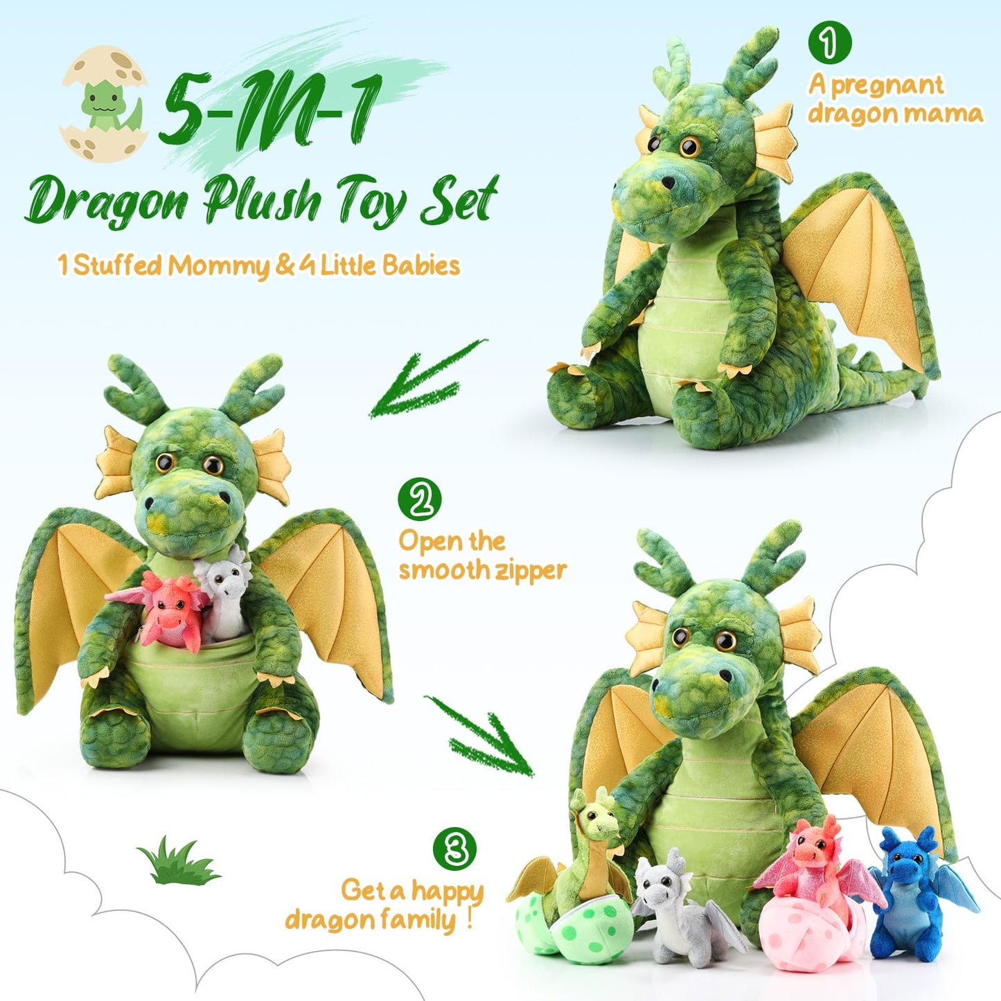 Arrowbash 7 Pcs Dragon Plush Toys Gift Set 15.75" Large Dragon Mom Stuffed Animal with 4 Cute Babies and 2 Eggs in Mommy's Belly for Kids Birthday Christmas Classroom Prizes(Green)