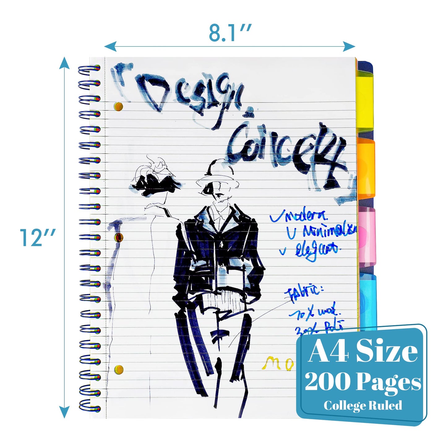 MOWEE 5 Subject Notebook, 3 Pack College Ruled Notebook with Storage Divider Pockets, Index Tabs, 11" Ruler, 200 Pages, for School, Business, Office Supplies, 8.1''x11.7''（Black Red Blue
