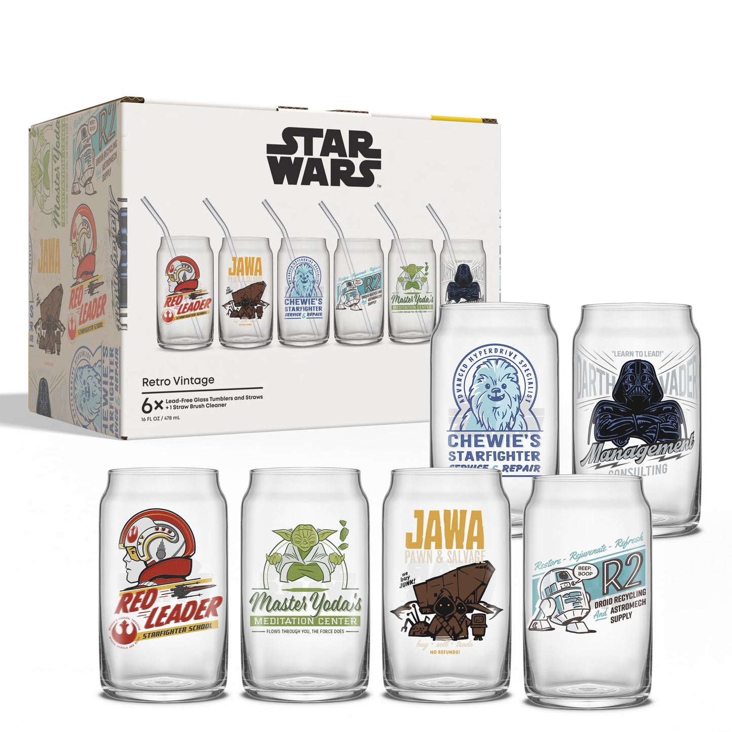 JoyJolt Star Wars Retro Vintage Collection 16.9oz Glass Tumblers - Featuring Darth Vader, R2D2, Yoda, Chewbacca, Red Leader, Jawa - Original Trilogy Drinkware, Set of 6 with Glass Straws
