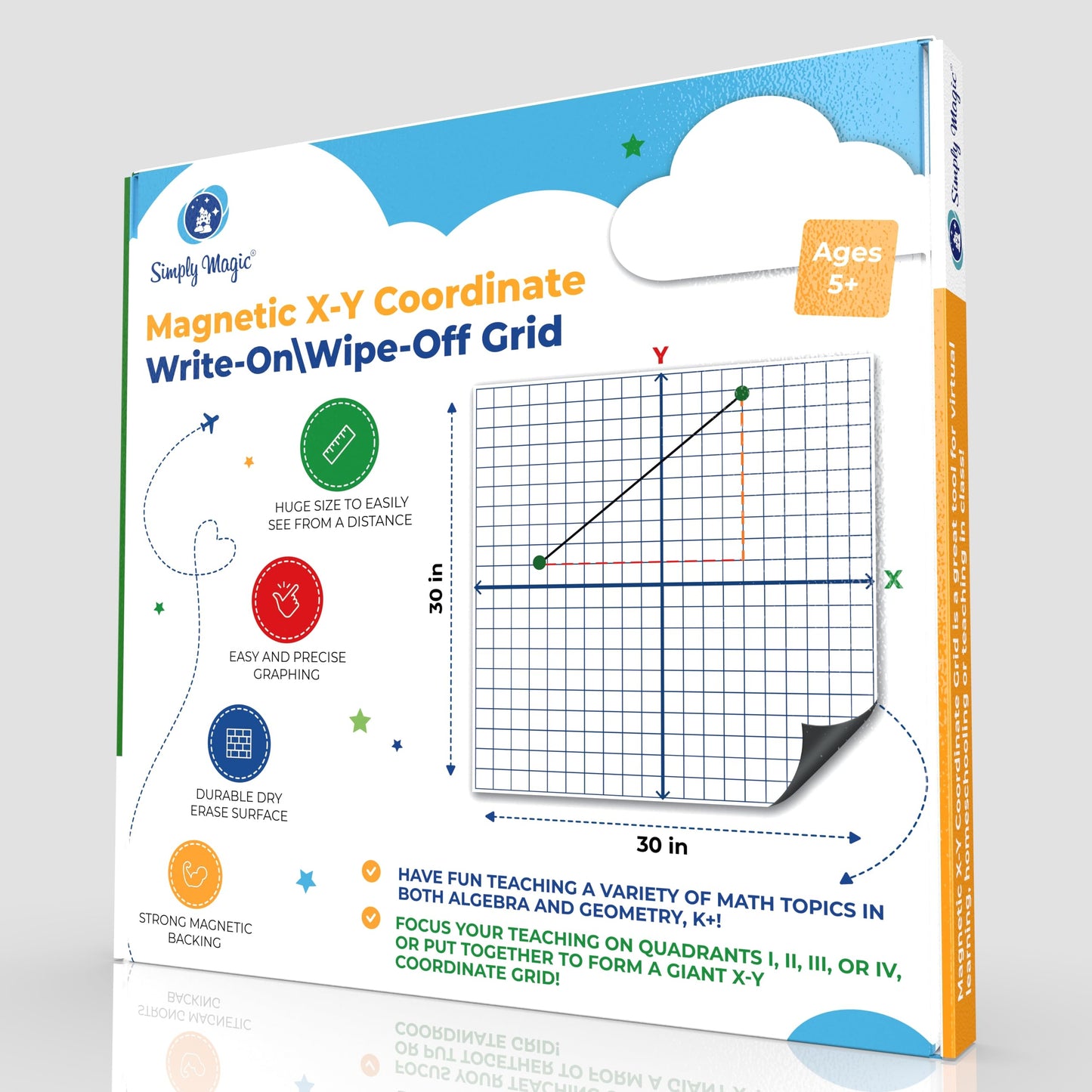 Jumbo Magnetic XY Coordinate Dry Erase Grid, 30"x30" - Write-On & Wipe-Off Magnetic Dry Erase Board Grid, Reusable Dry Erase Graph & Practice Board for Math Graphing, Classroom & Homeschool Supplies