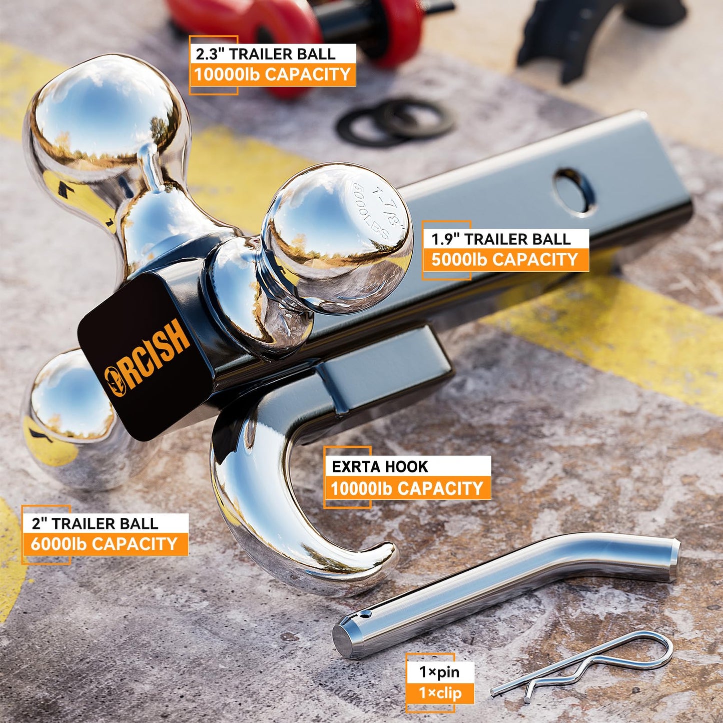 ORCISH Trailer Hitch Tri-Ball Mount with Tow Hook & Pin, Chrome Trailer Ball Sizes 1-7/8", 2" & 2-5/16", Fit 2 Inch Hitch Receiver, 10,000 LBS Max Towing Capacity for RVs, SUVs, ATVs & Trucks
