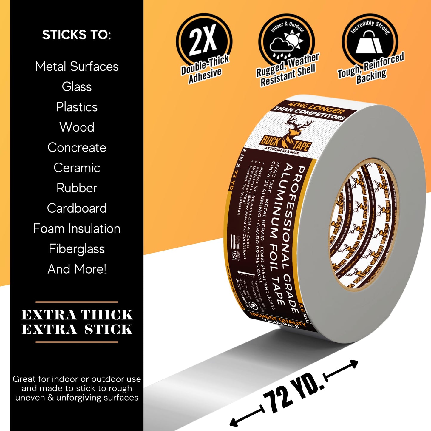 Buck Aluminum Foil Tape – 4 Inch x 216ft (72 yd), 3.6 Mil – HVAC Tape for Ductwork, AC, Dryer Vents & Insulation – Silver Foil Tape for Metal Repair, Exhaust Sealing & Air Conditioning (1 Pack)
