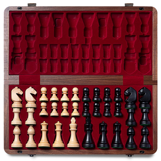 A&A Premium Natural Walnut Folding Chess Board Game Set, 15" Wooden Chess Board & 3" King Height Staunton Chess Pieces with 2 Extra Queens, Portable Travel Chess Set with Storage Bag for Adults & Kids