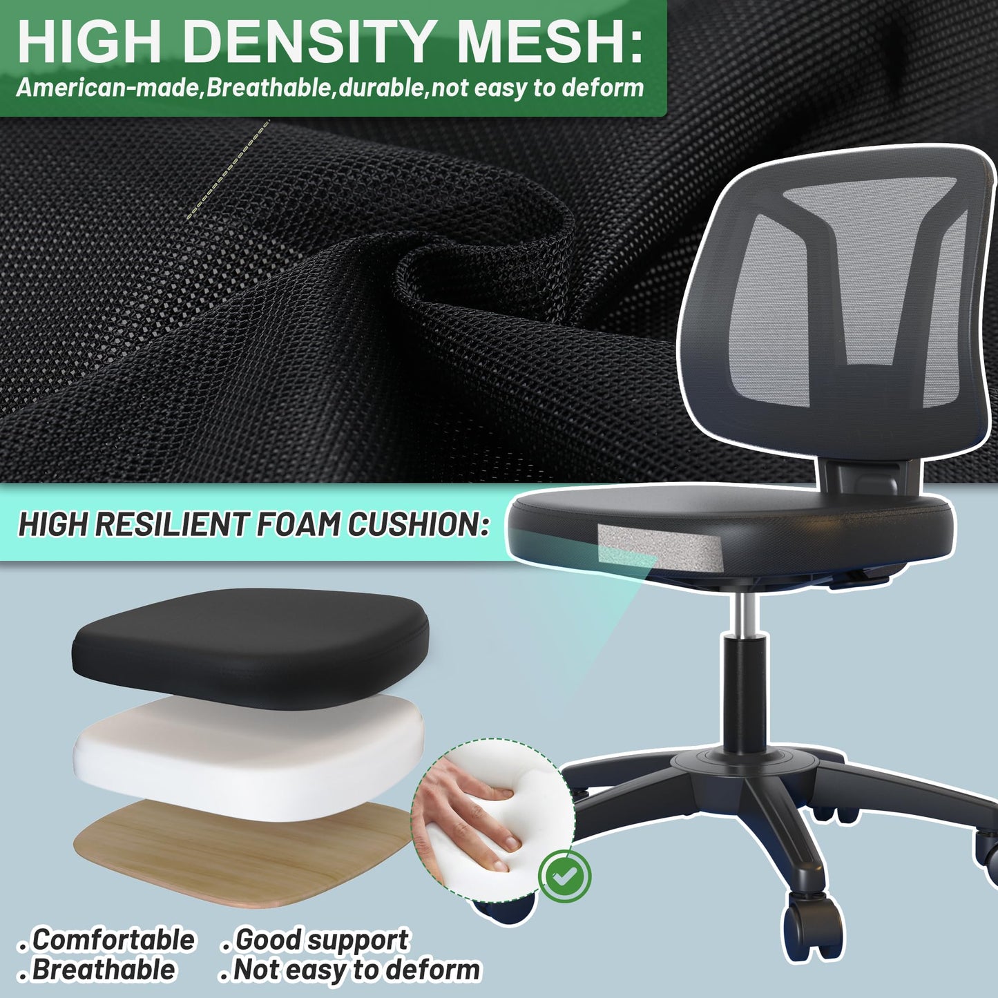Swivel Armless Desk Office Chair Without Arms Adjustable Height and Lumbar Support for Home