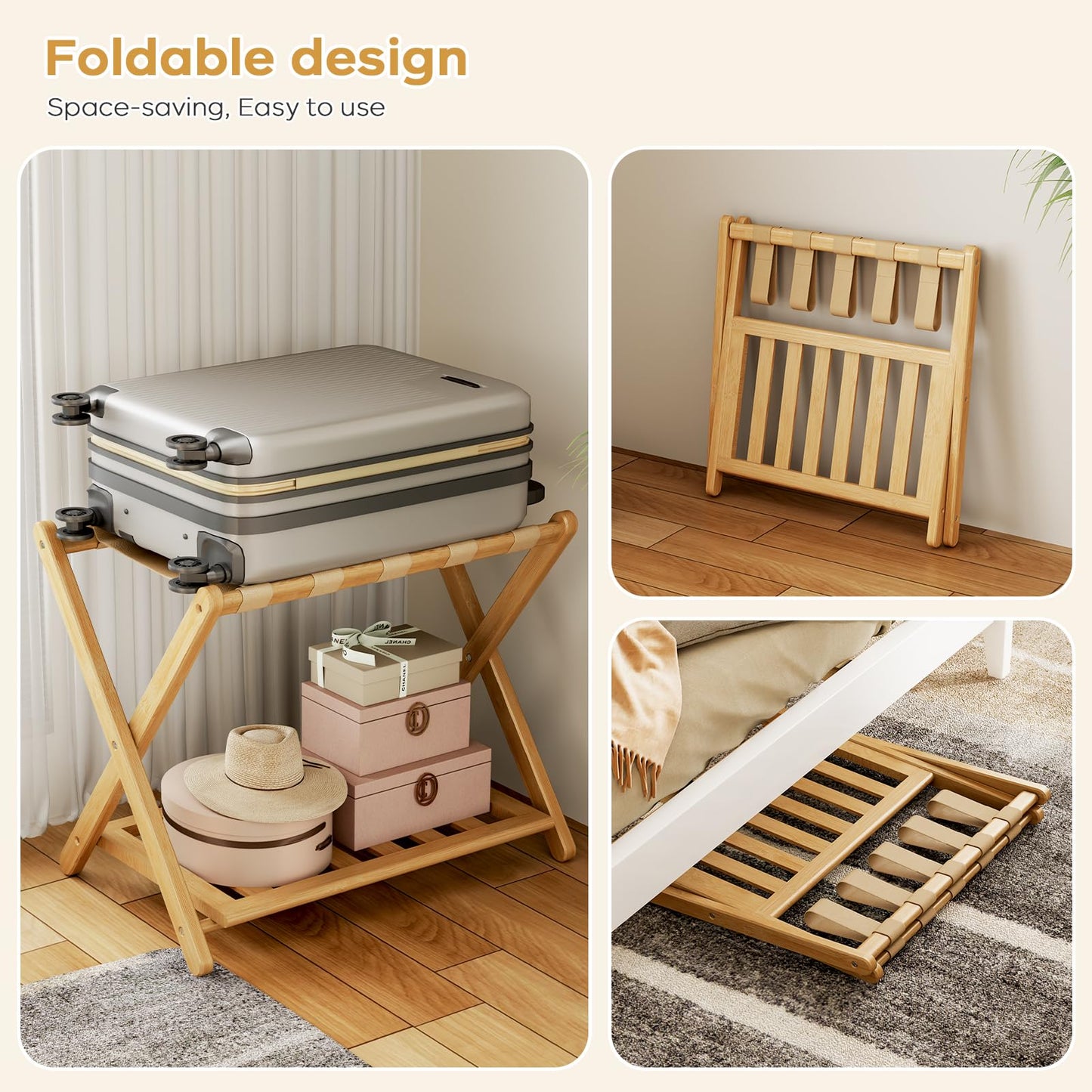 Oakvora Full Assembled 26.77"L Luggage Rack for Guest Room, Set of 1 Foldable Suitcase Stand with 5 Nylon Straps, Luggage Holder with Shoe Shelf for Suitcases, Hotel (Natural Wood Bamboo Luggage Stands)