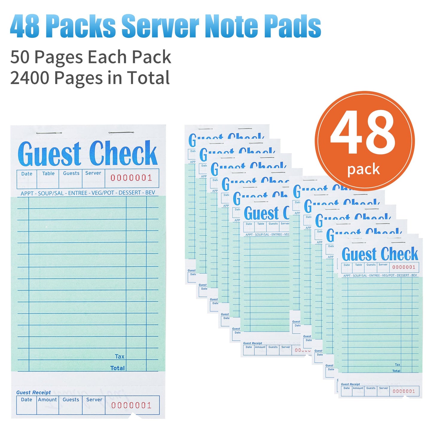 ZPARIK 48 Pack Green Guest Checks Books for Servers Server Note Pads, Waiter Checkbook, Waitress Notepad for Restaurants, Paper Checks 50 Sheets/Pack, 2400 Total Tickets