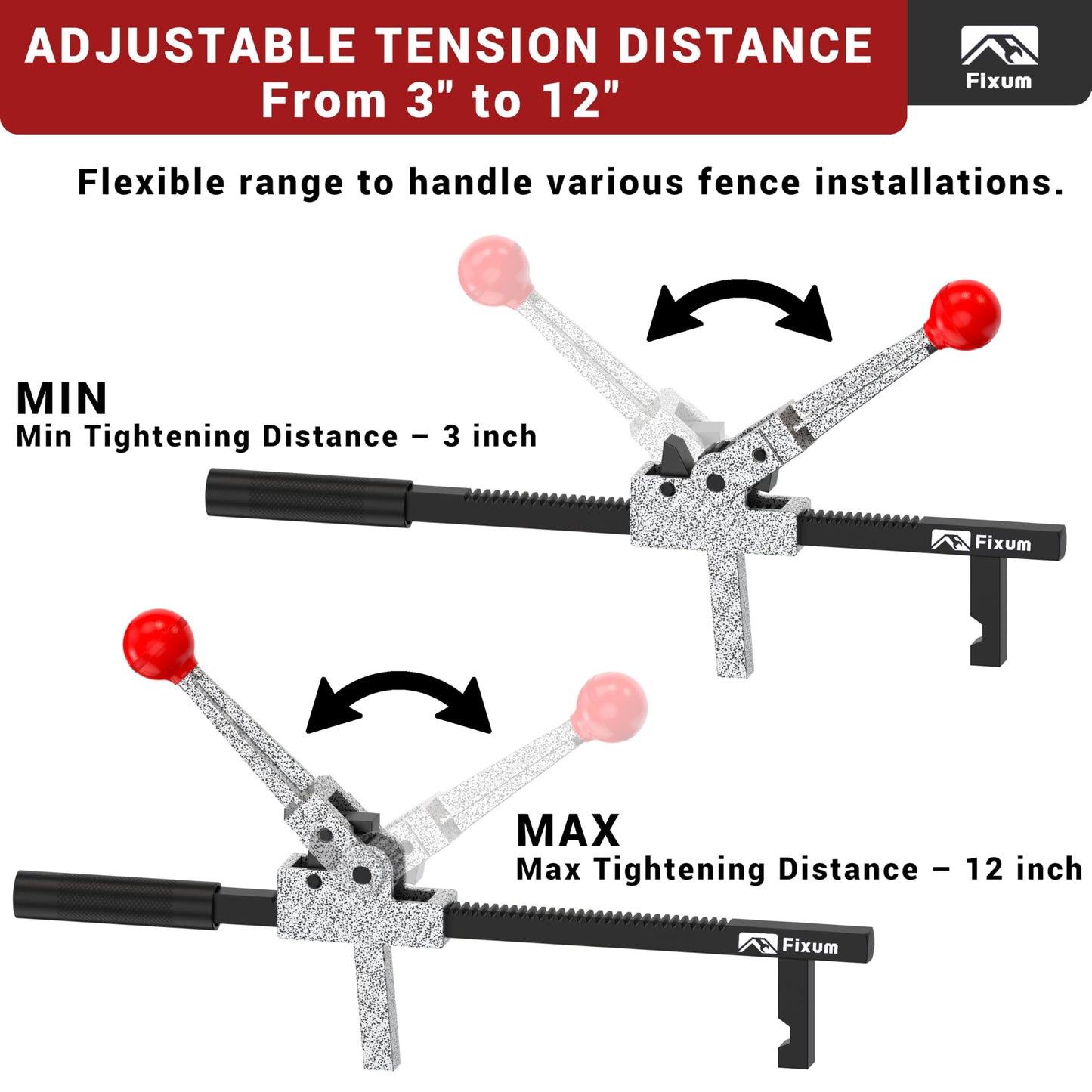 Chain Link Fence Stretcher Tool, Ratcheting Wire Fence Tightener & Puller for Woven Wire Fence, 3″–12″ Tension Range, 5° Tilted Base & Hooked Groove, One-Hand Operation for Farm & Yard