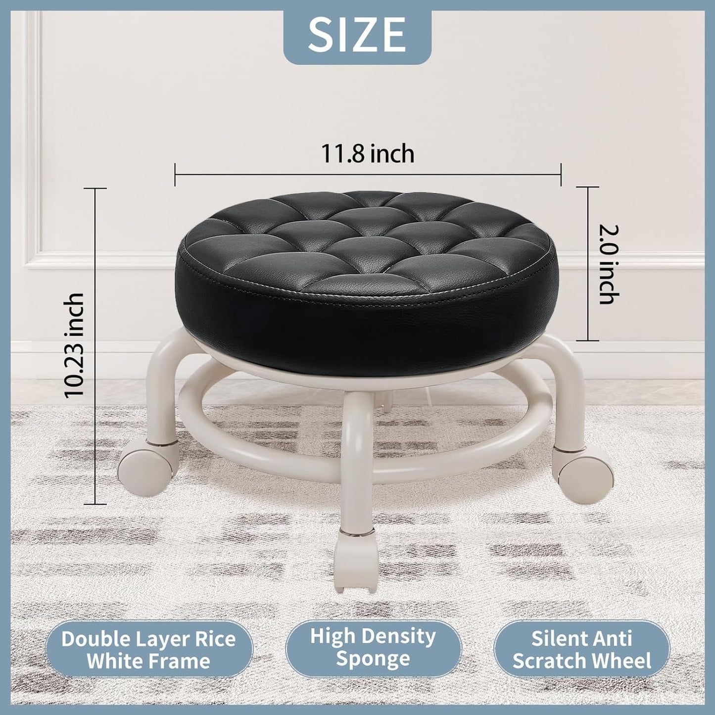 KELAICAIONE 360 Rotating Low Stool，Rolling Pulley Stool, Low Stool with Wheels, Shoe Changing Makeup Cleaning with Wheels, Pedicure, Massage SPA and Home (Black)